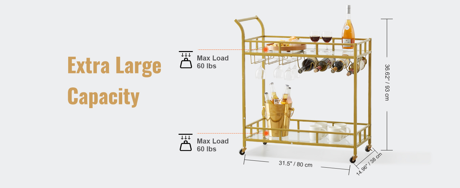 SucceBuy Bar Cart Gold Home Bar Serving Cart on Lockable Wheels with Tempered Glass Shelves for Home Kitchen Dining Living Room