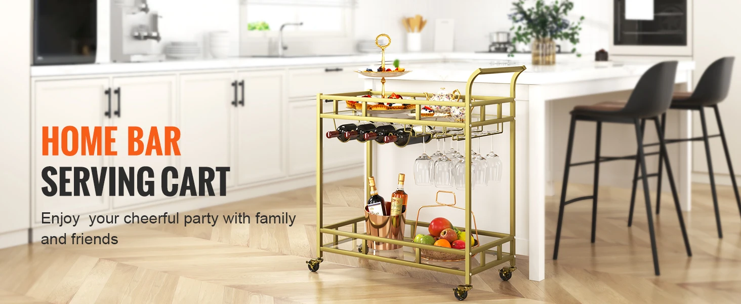 SucceBuy Bar Cart Gold Home Bar Serving Cart on Lockable Wheels with Tempered Glass Shelves for Home Kitchen Dining Living Room