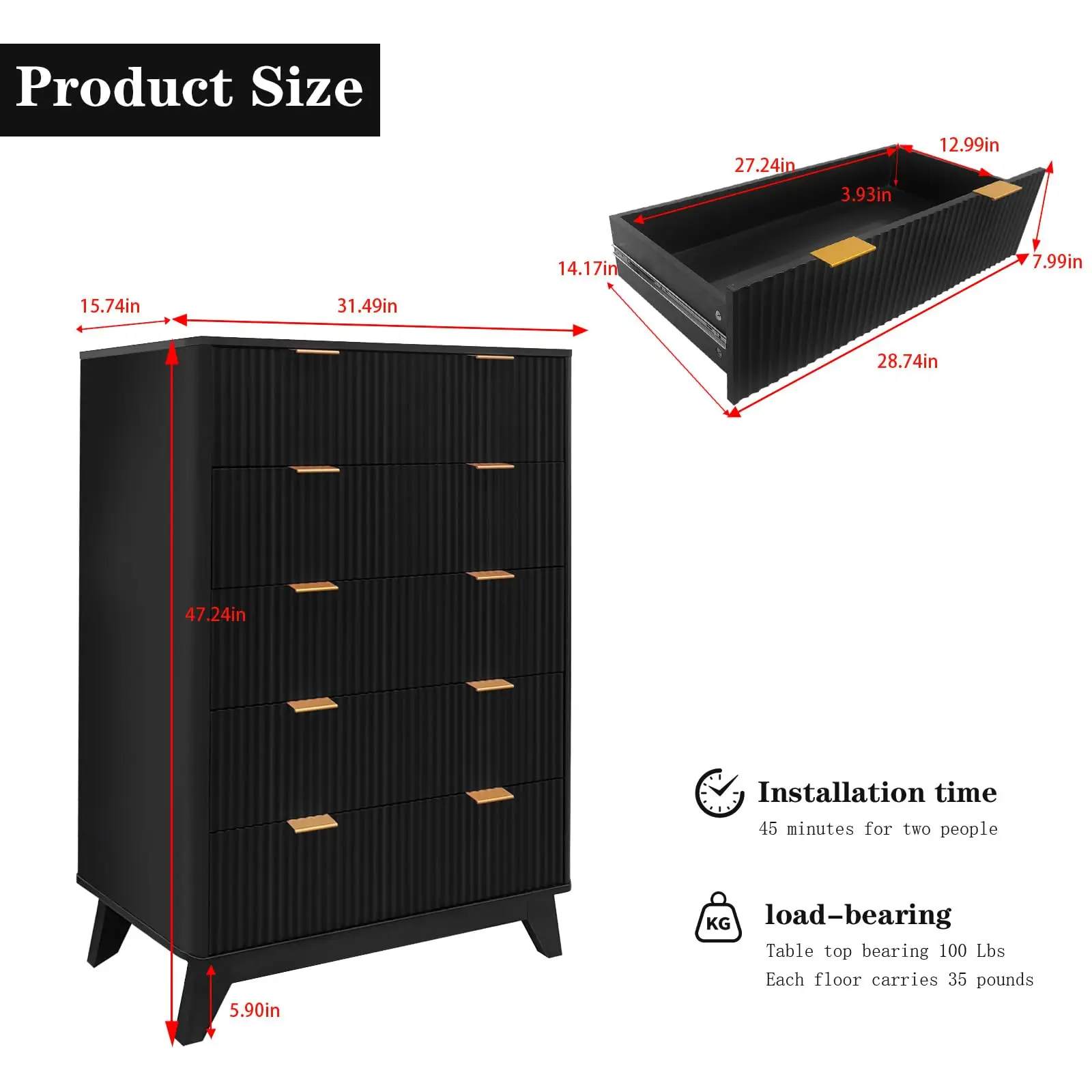 New Tall Dresser, Wood Chest of Drawers, 5 Drawer Waveform Fluted Panel Dresser, Modern Dressers for Storage Drawers Clothes, fo