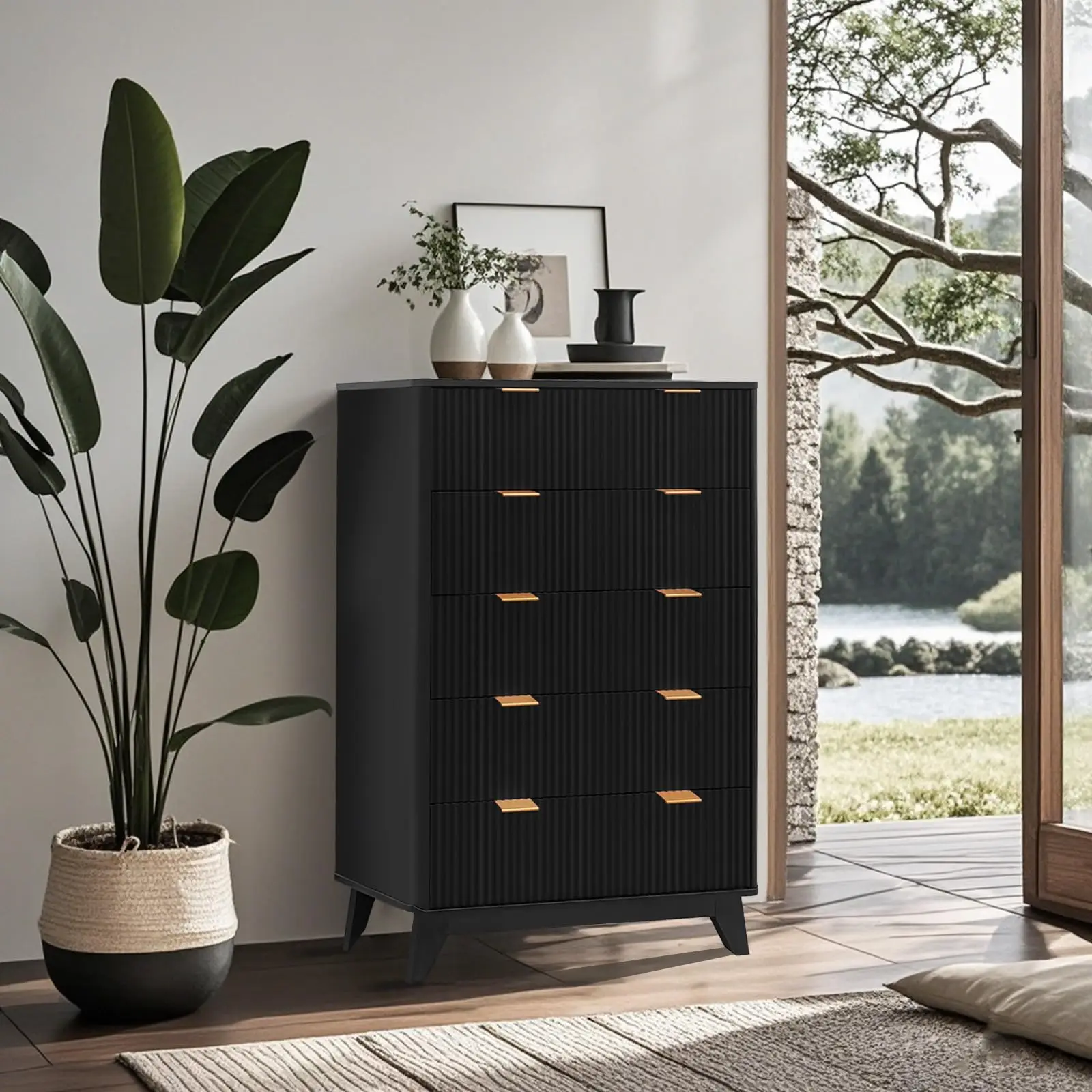 New Tall Dresser, Wood Chest of Drawers, 5 Drawer Waveform Fluted Panel Dresser, Modern Dressers for Storage Drawers Clothes, fo