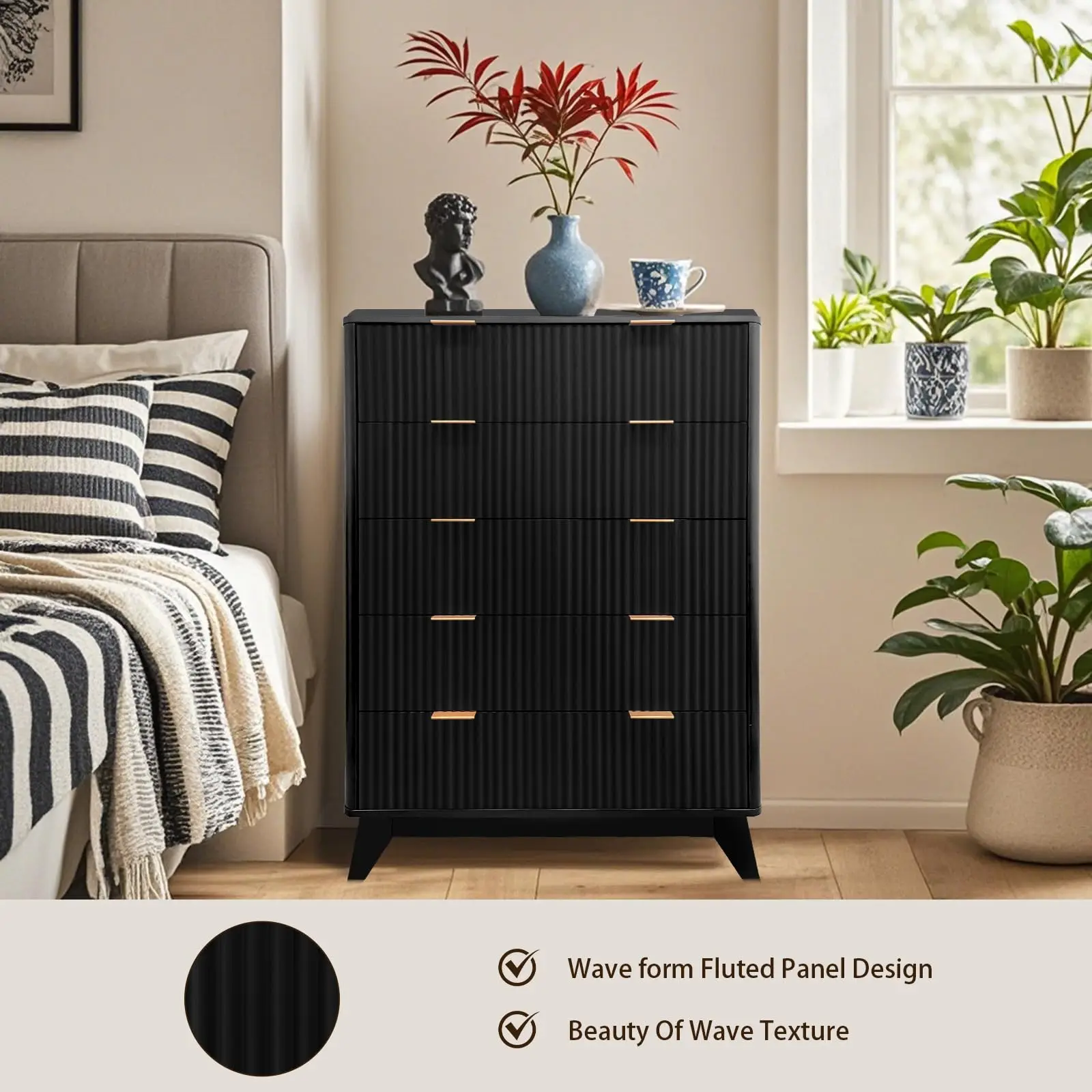 New Tall Dresser, Wood Chest of Drawers, 5 Drawer Waveform Fluted Panel Dresser, Modern Dressers for Storage Drawers Clothes, fo