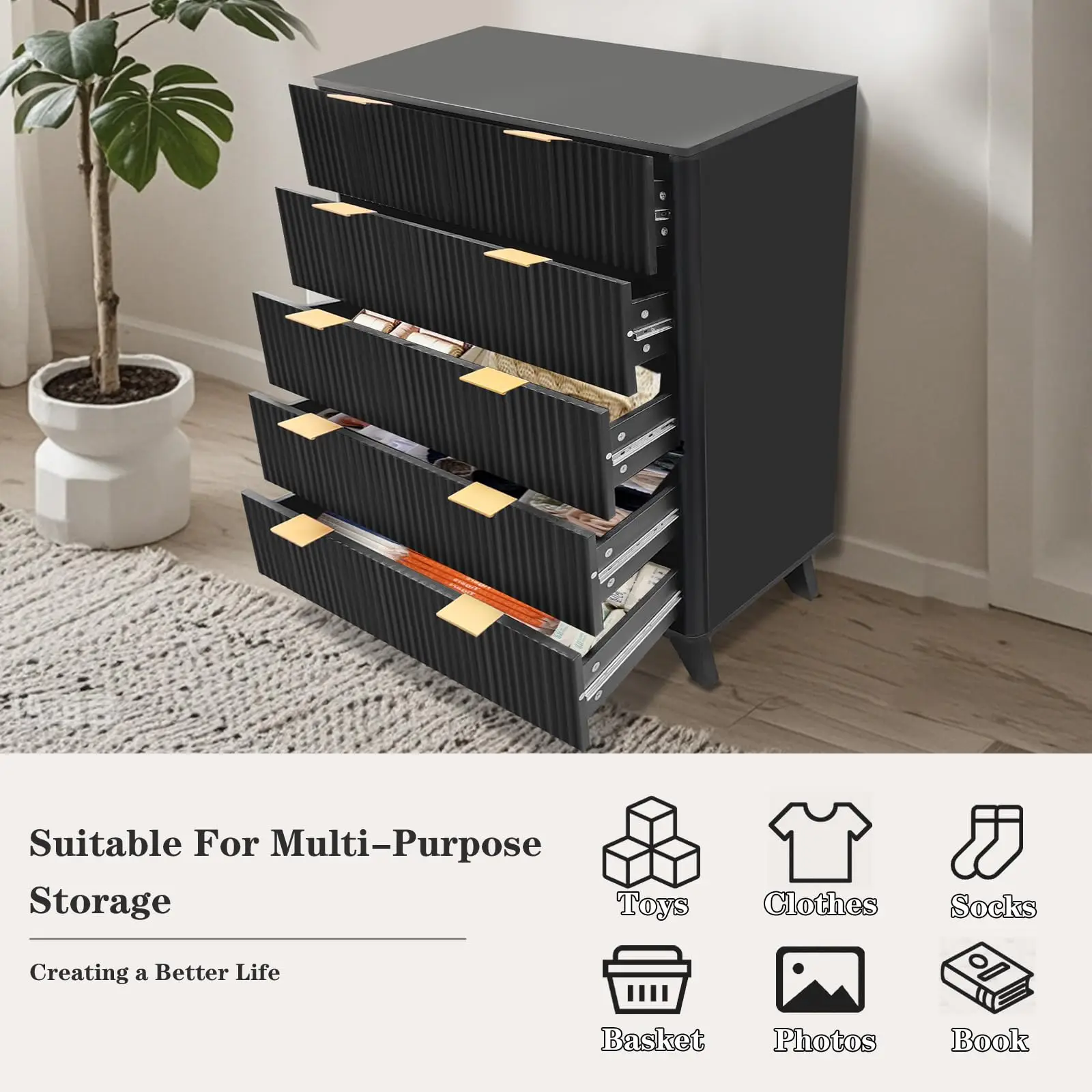 New Tall Dresser, Wood Chest of Drawers, 5 Drawer Waveform Fluted Panel Dresser, Modern Dressers for Storage Drawers Clothes, fo