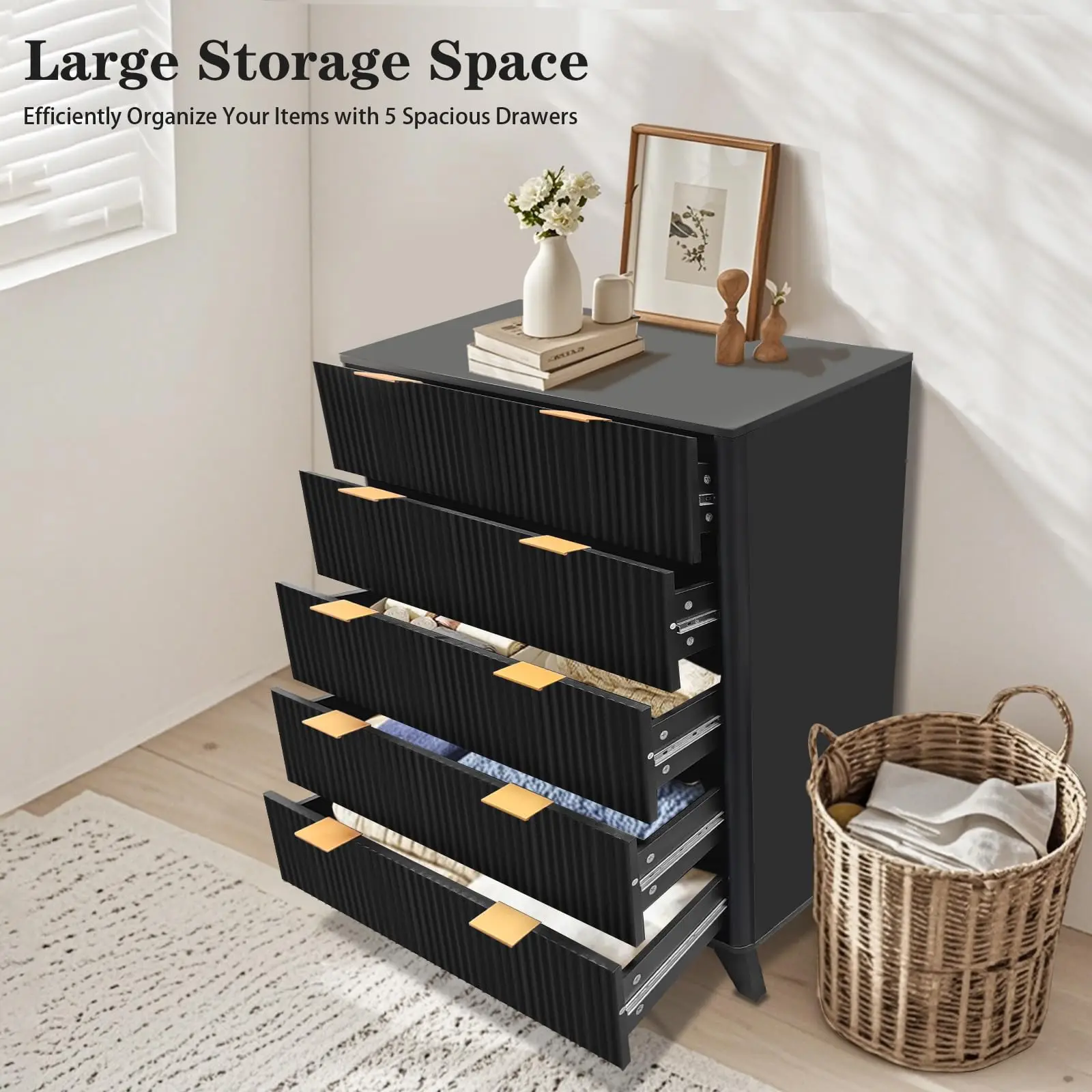 New Tall Dresser, Wood Chest of Drawers, 5 Drawer Waveform Fluted Panel Dresser, Modern Dressers for Storage Drawers Clothes, fo