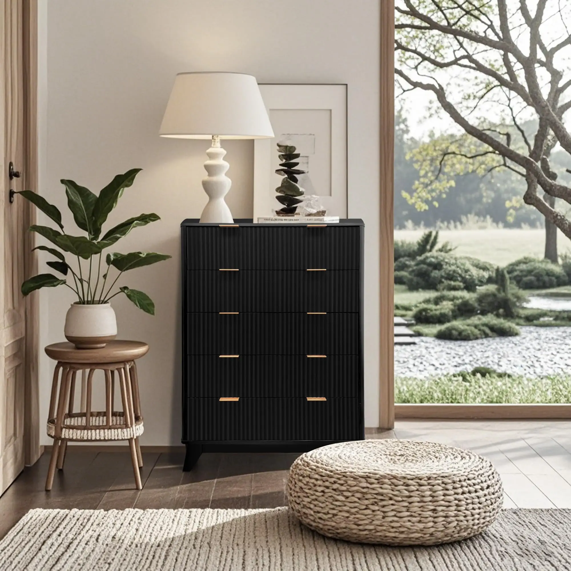 New Tall Dresser, Wood Chest of Drawers, 5 Drawer Waveform Fluted Panel Dresser, Modern Dressers for Storage Drawers Clothes, fo