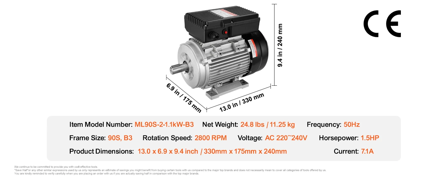 SucceBuy 1.1 KW Electric Motor AC Air Compressor Motor Single Phase 24 mm Keyed Shaft CW/CCW Rotation for Agricultural Machinery