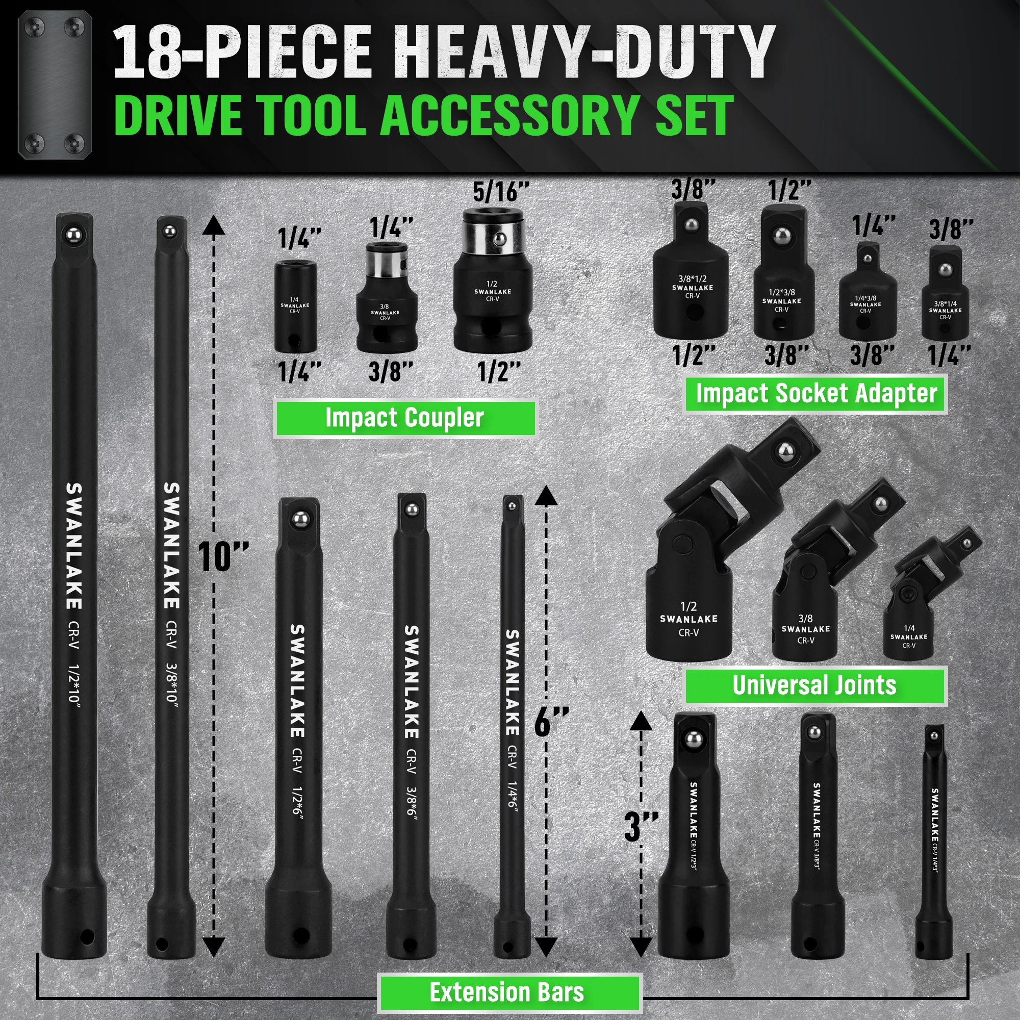 Swanlake 18-Piece Impact Socket Extension Set 1/4" 3/8" 1/2" Drive Swivel Universal Joint Swivel Socket Adapte Extension Bar