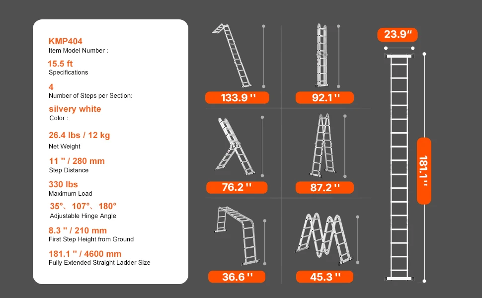 SucceBuy Multi-Purpose Folding Ladder 7- in -1 Tall Step Ladder A Frame Adjustable Telescoping Ladder for Household Outdoor Work