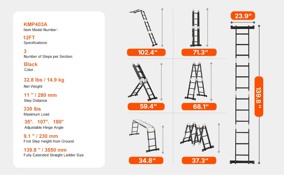 SucceBuy Multi-Purpose Folding Ladder 7- in -1 Tall Step Ladder A Frame Adjustable Telescoping Ladder for Household Outdoor Work