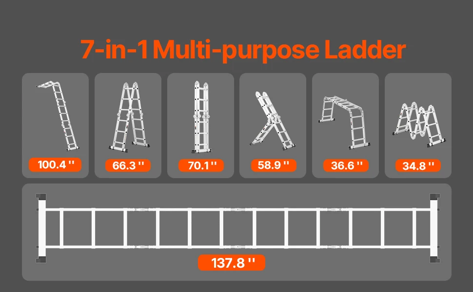 SucceBuy Multi-Purpose Folding Ladder 7- in -1 Tall Step Ladder A Frame Adjustable Telescoping Ladder for Household Outdoor Work