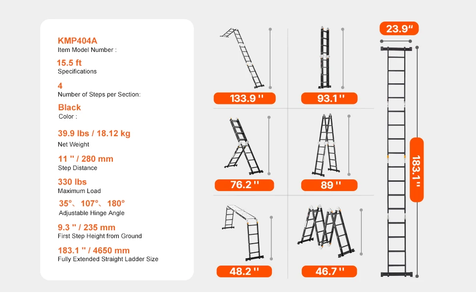 SucceBuy Multi-Purpose Folding Ladder 7- in -1 Tall Step Ladder A Frame Adjustable Telescoping Ladder for Household Outdoor Work