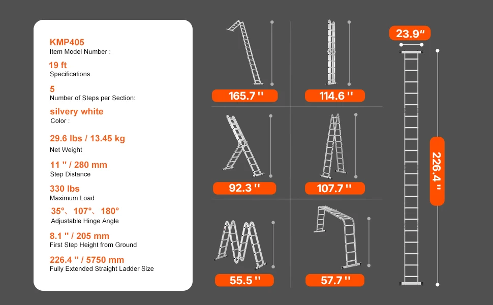 SucceBuy Multi-Purpose Folding Ladder 7- in -1 Tall Step Ladder A Frame Adjustable Telescoping Ladder for Household Outdoor Work