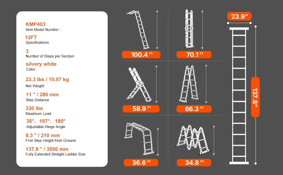 SucceBuy Multi-Purpose Folding Ladder 7- in -1 Tall Step Ladder A Frame Adjustable Telescoping Ladder for Household Outdoor Work