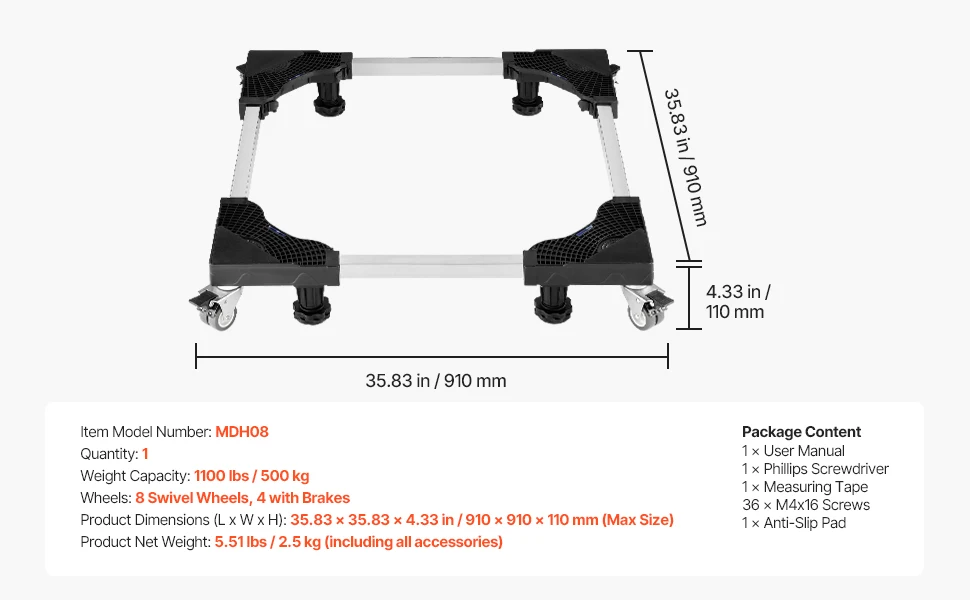 SucceBuy 1100 lbs Furniture Mover Dolly Fridge Stand with 8 Locking Twin Wheels 27.5 -35.4in Adjustable Mobile Base for Washer