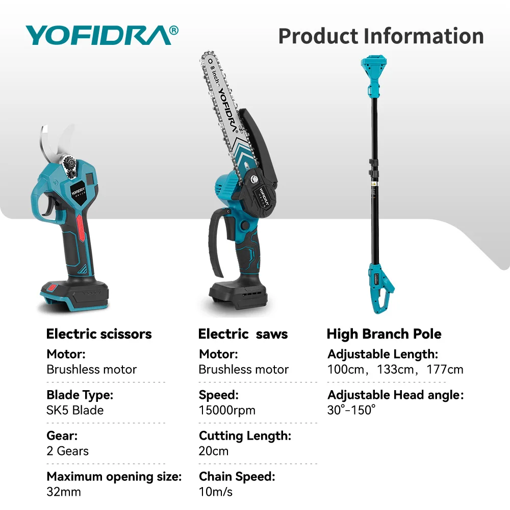 YOFIDRA 8 Inch Brushless Telescoping Pole Electric Chainsaw Scissors High Branch Garden Pruning Tool For Makita Battery Pin