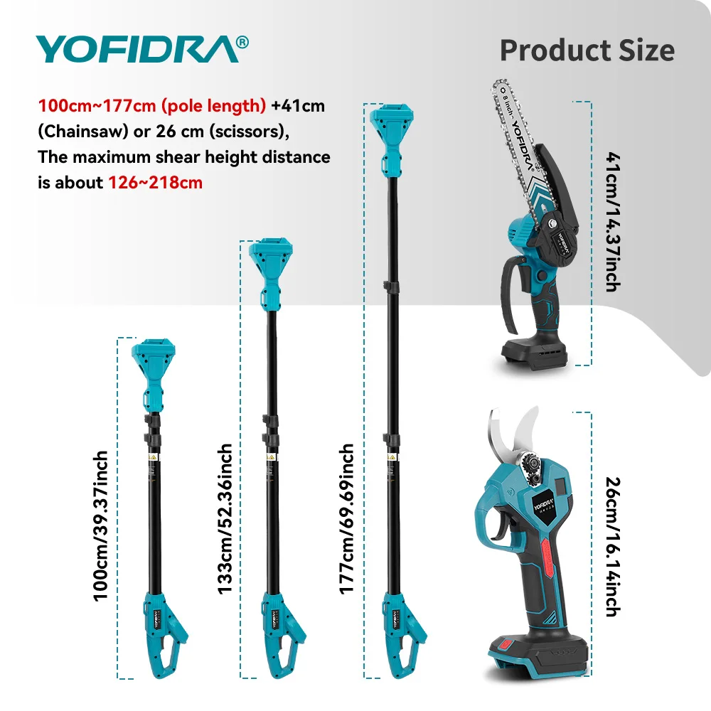 YOFIDRA 8 Inch Brushless Telescoping Pole Electric Chainsaw Scissors High Branch Garden Pruning Tool For Makita Battery Pin