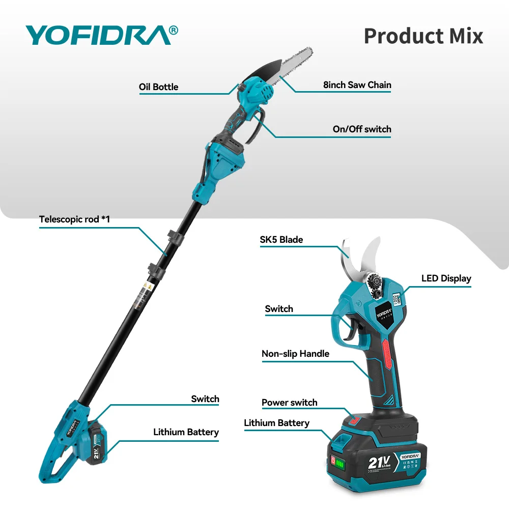 YOFIDRA 8 Inch Brushless Telescoping Pole Electric Chainsaw Scissors High Branch Garden Pruning Tool For Makita Battery Pin