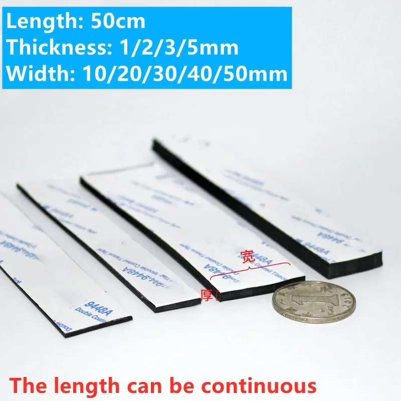 Black Silicone Rubber Strip Self Adhesive Seal Gasket Anti-skid Shock Absorption Sealing Strip Thickness 1/2/3/mm Length 50cm