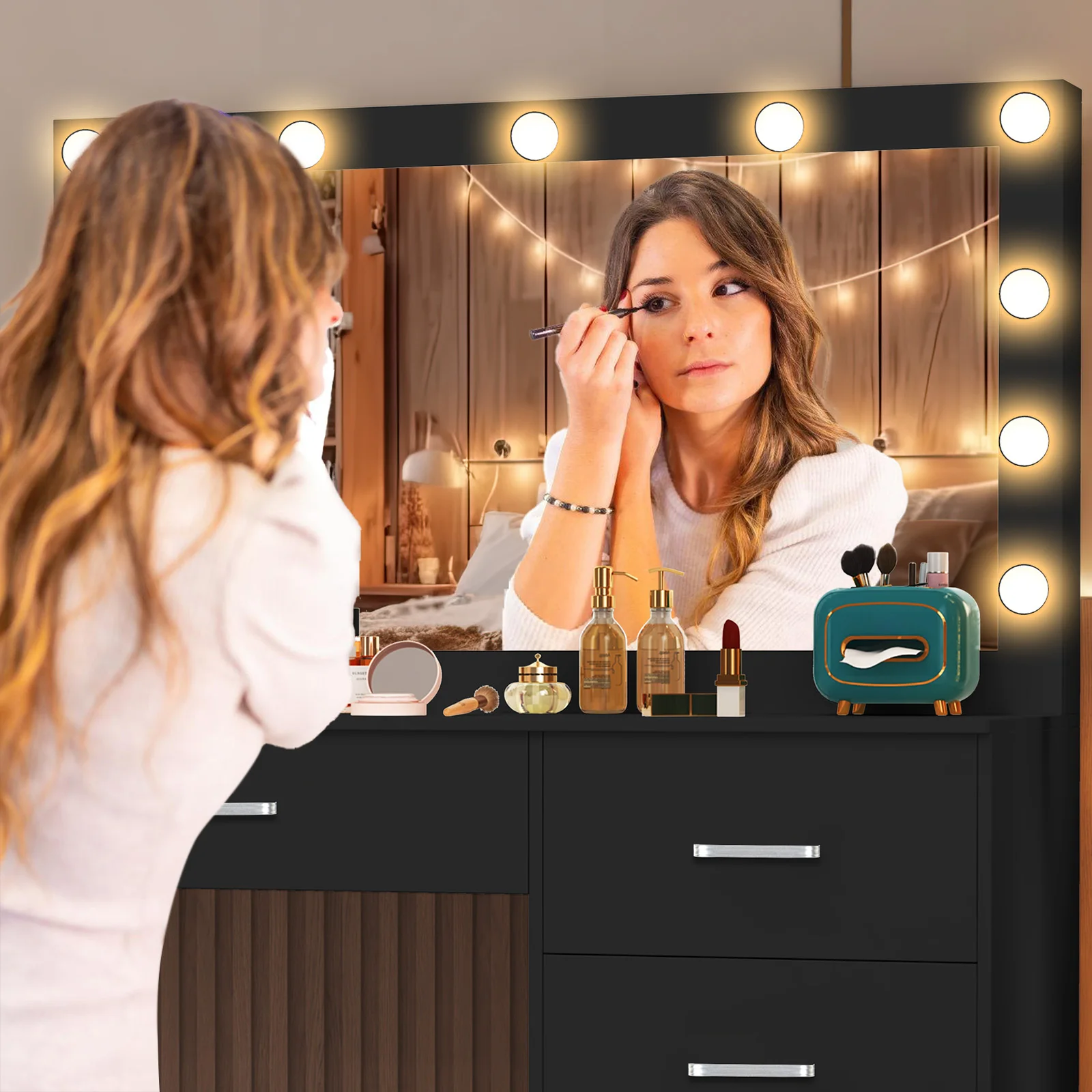 Teousev White Vanity Set with 11 LED Large Lighted Mirror, 7 Drawers, 3 Color Dimmable, Easy Assembly for Bedroom Dressing Table