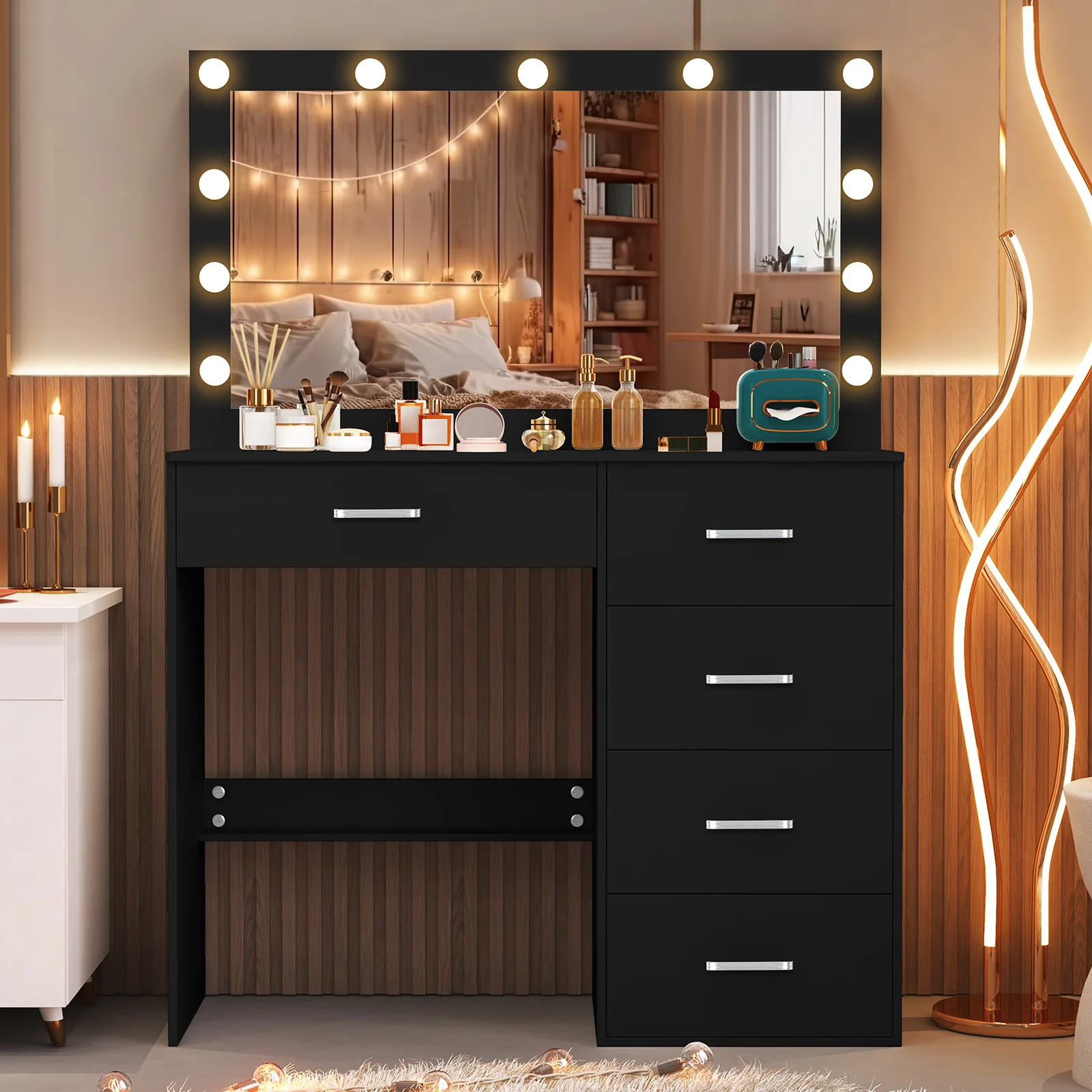 Teousev White Vanity Set with 11 LED Large Lighted Mirror, 7 Drawers, 3 Color Dimmable, Easy Assembly for Bedroom Dressing Table