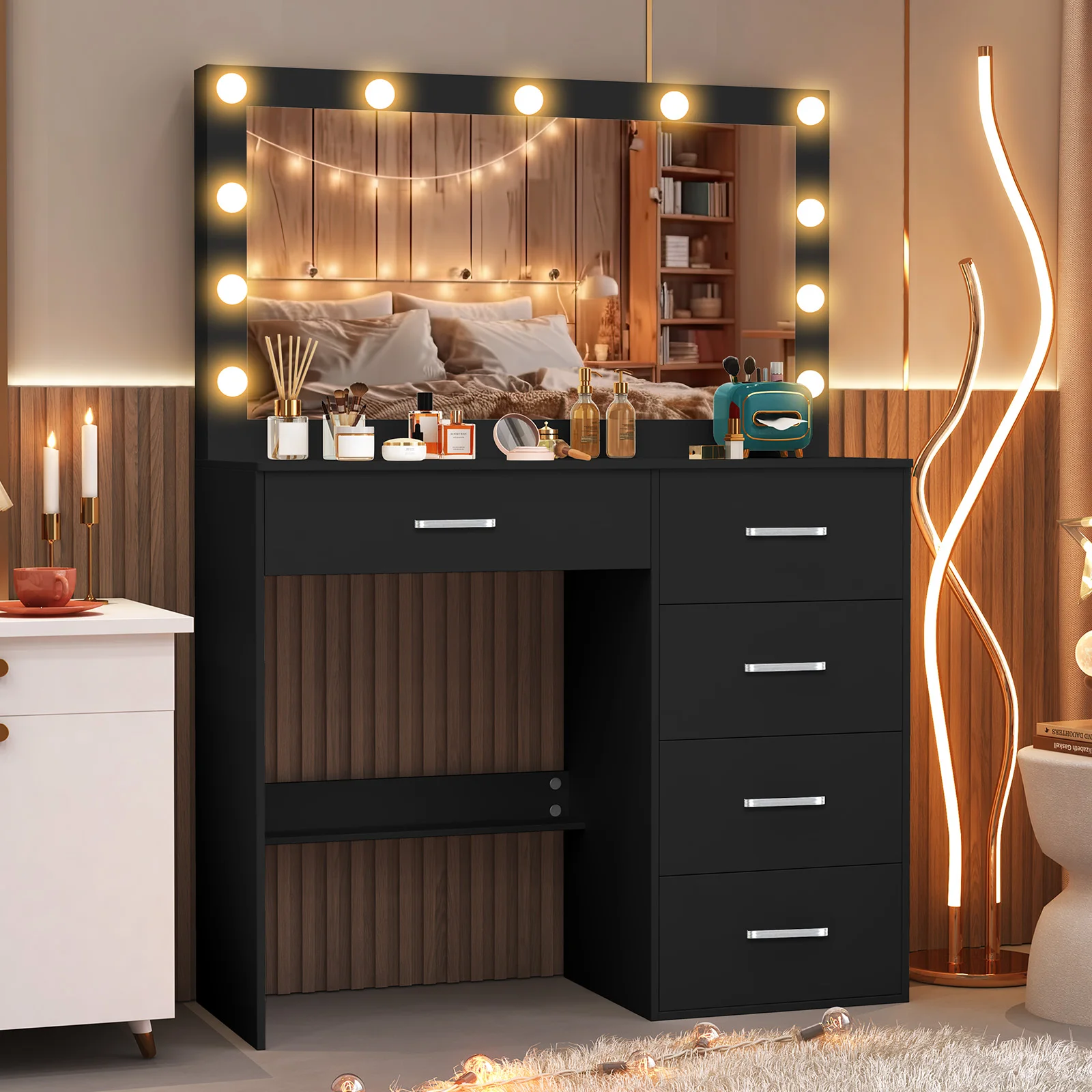 Teousev White Vanity Set with 11 LED Large Lighted Mirror, 7 Drawers, 3 Color Dimmable, Easy Assembly for Bedroom Dressing Table