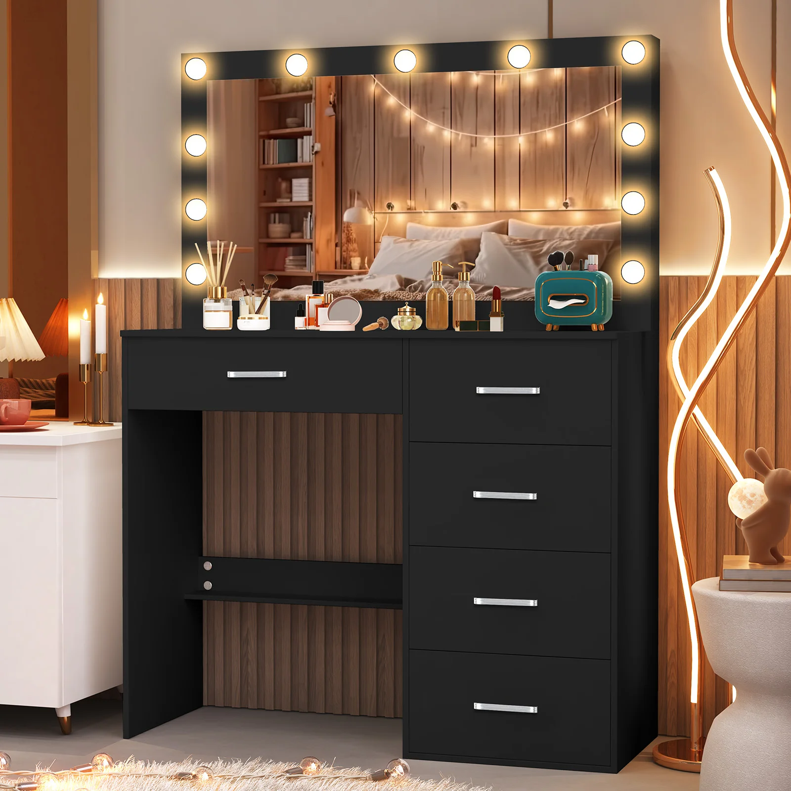 Teousev White Vanity Set with 11 LED Large Lighted Mirror, 7 Drawers, 3 Color Dimmable, Easy Assembly for Bedroom Dressing Table