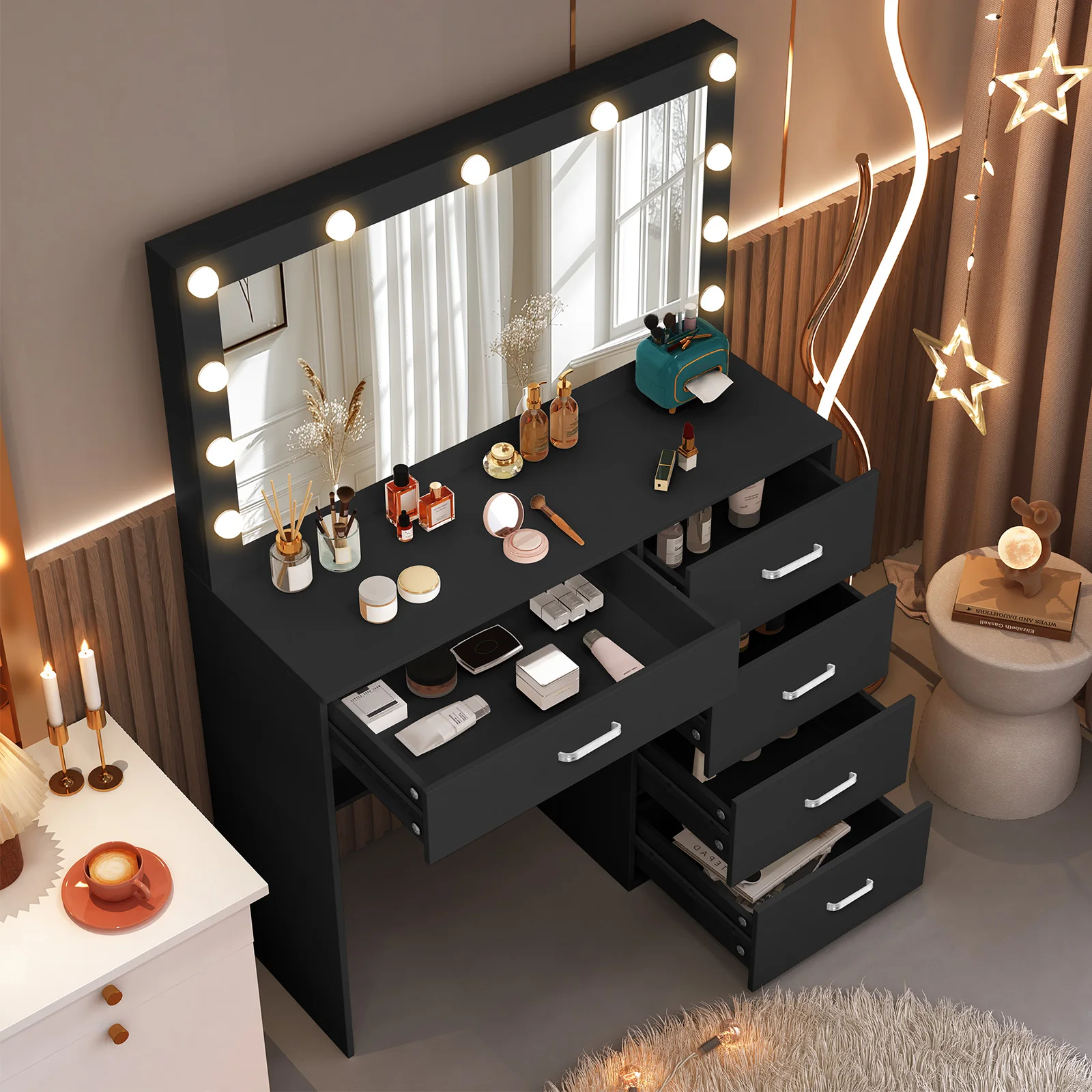 Teousev White Vanity Set with 11 LED Large Lighted Mirror, 7 Drawers, 3 Color Dimmable, Easy Assembly for Bedroom Dressing Table