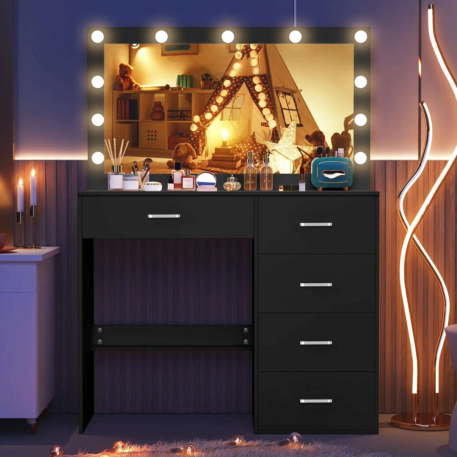 Teousev White Vanity Set with 11 LED Large Lighted Mirror, 7 Drawers, 3 Color Dimmable, Easy Assembly for Bedroom Dressing Table