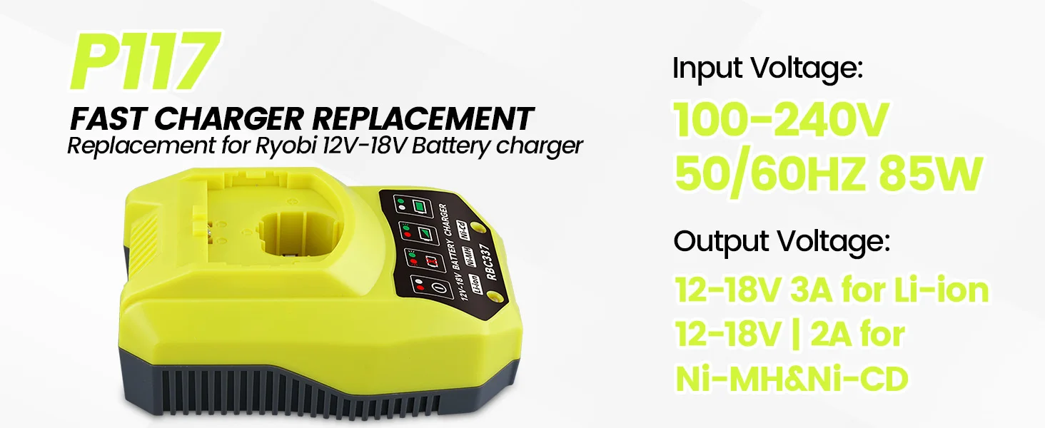 VINIDA P117 12-18V Charger Replacement for Ryobi 18V Battery Charger P117 P118 P118B P135 P166 140237023 140153004 Fast Charger