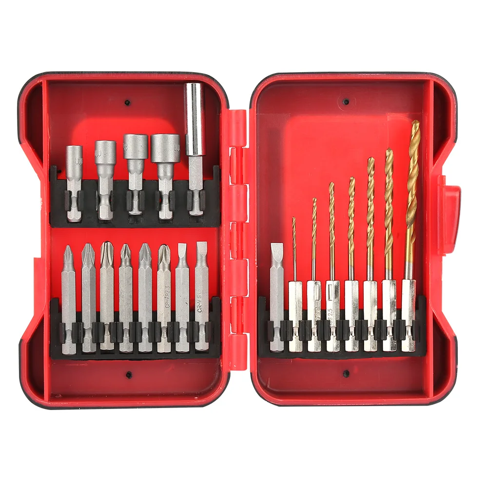 21PCS/set Screwdriver Bit Set 21-piece Professional Hex Shank Screwdriver and Drill Bit Set with Red Plastic Box