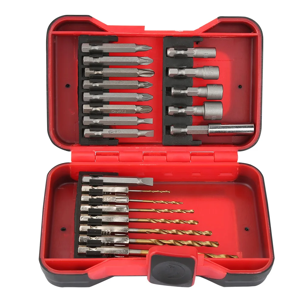 21PCS/set Screwdriver Bit Set 21-piece Professional Hex Shank Screwdriver and Drill Bit Set with Red Plastic Box