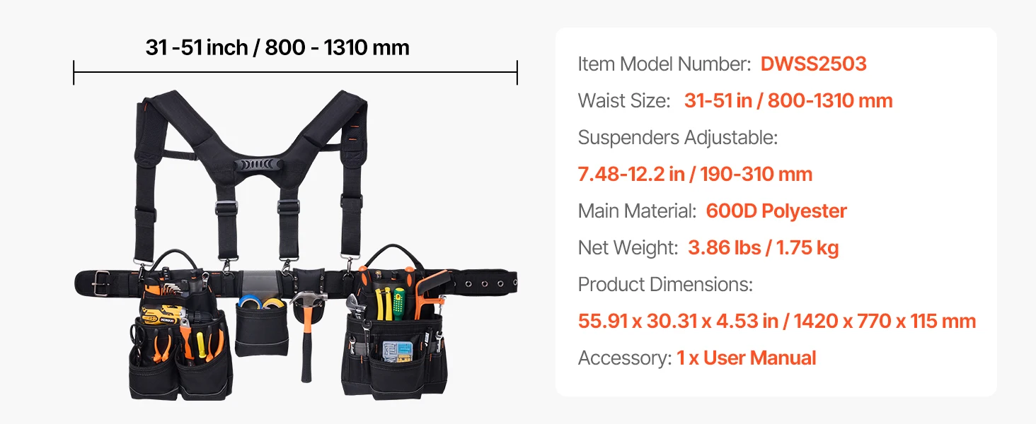 SucceBuy 19 Pockets Tool Belt Tools Pouch Waist Adjustable 31-51in Utility Belt Work Bag Detachable Suspension for Electrician