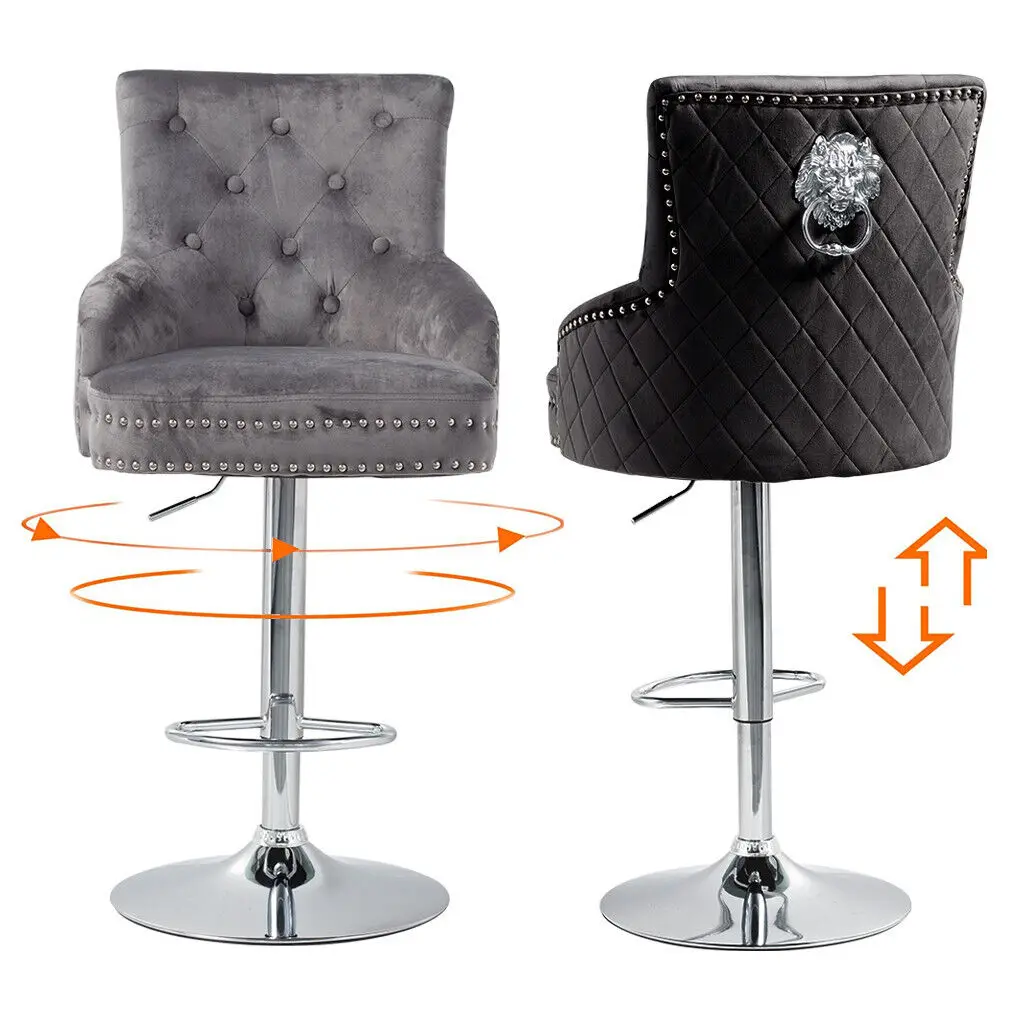 Luxury Velvet Swivel Bar Stools with Lion Knocker Upholstered Bar Dining Chairs for Home Bar Table