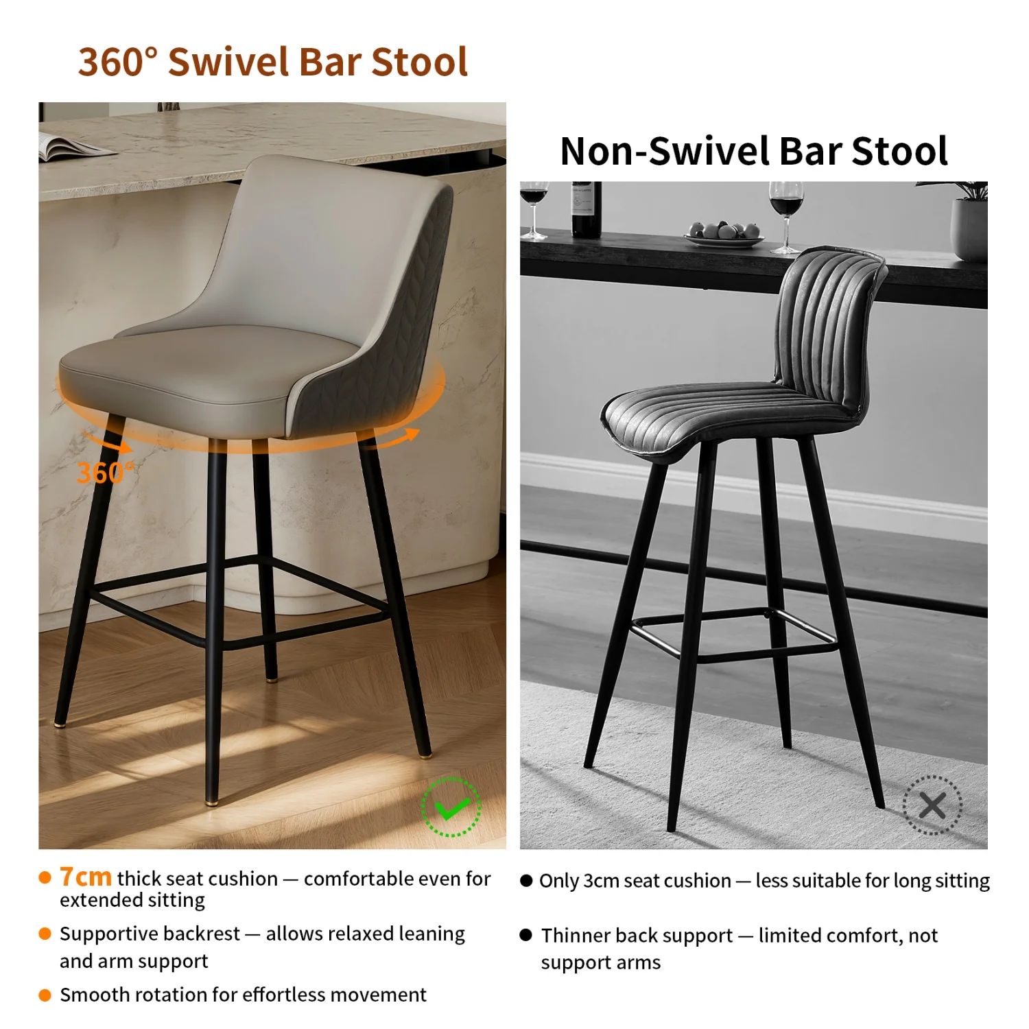 Swivel Bar Stools Microfiber Leather Upholstery Counter Height Bar Chairs with High Back and Footrest for Kitchen Island