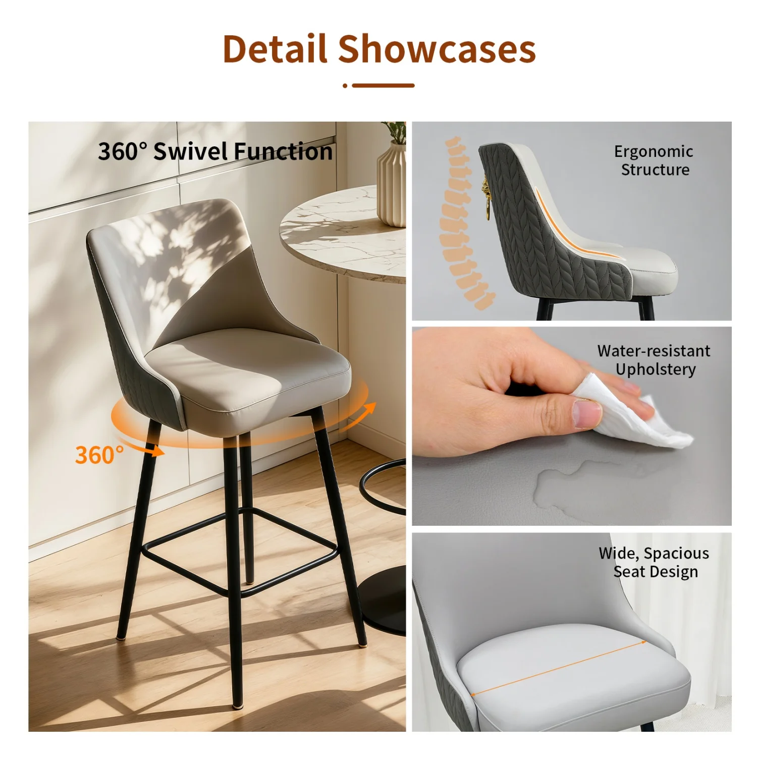 Swivel Bar Stools Microfiber Leather Upholstery Counter Height Bar Chairs with High Back and Footrest for Kitchen Island