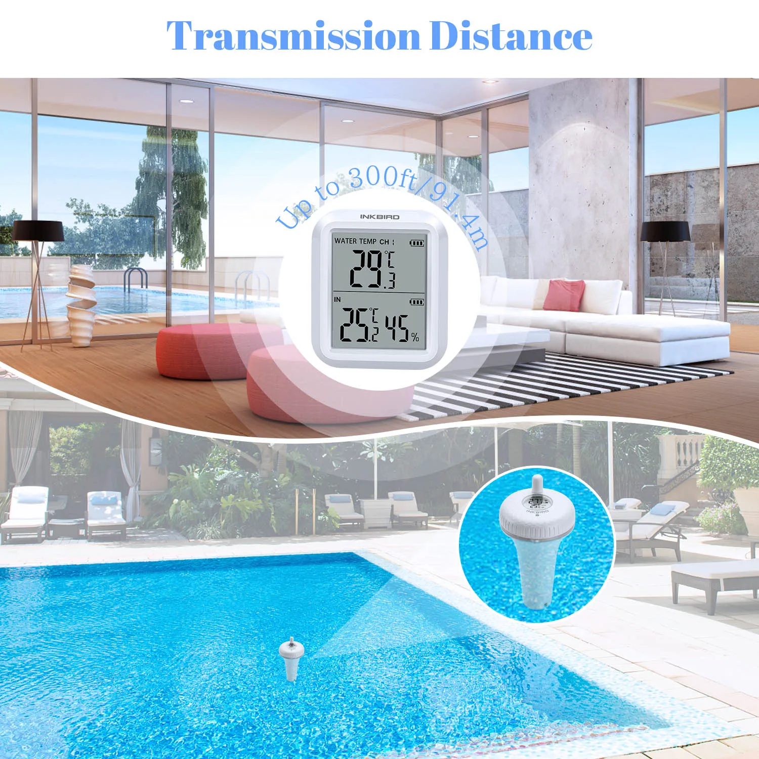 INKBIRD IBS-P01R Pool Thermometer with Indoor Monitor Up to 300 ft Transmission Floating Thermometer for Bathtub,Aquarium