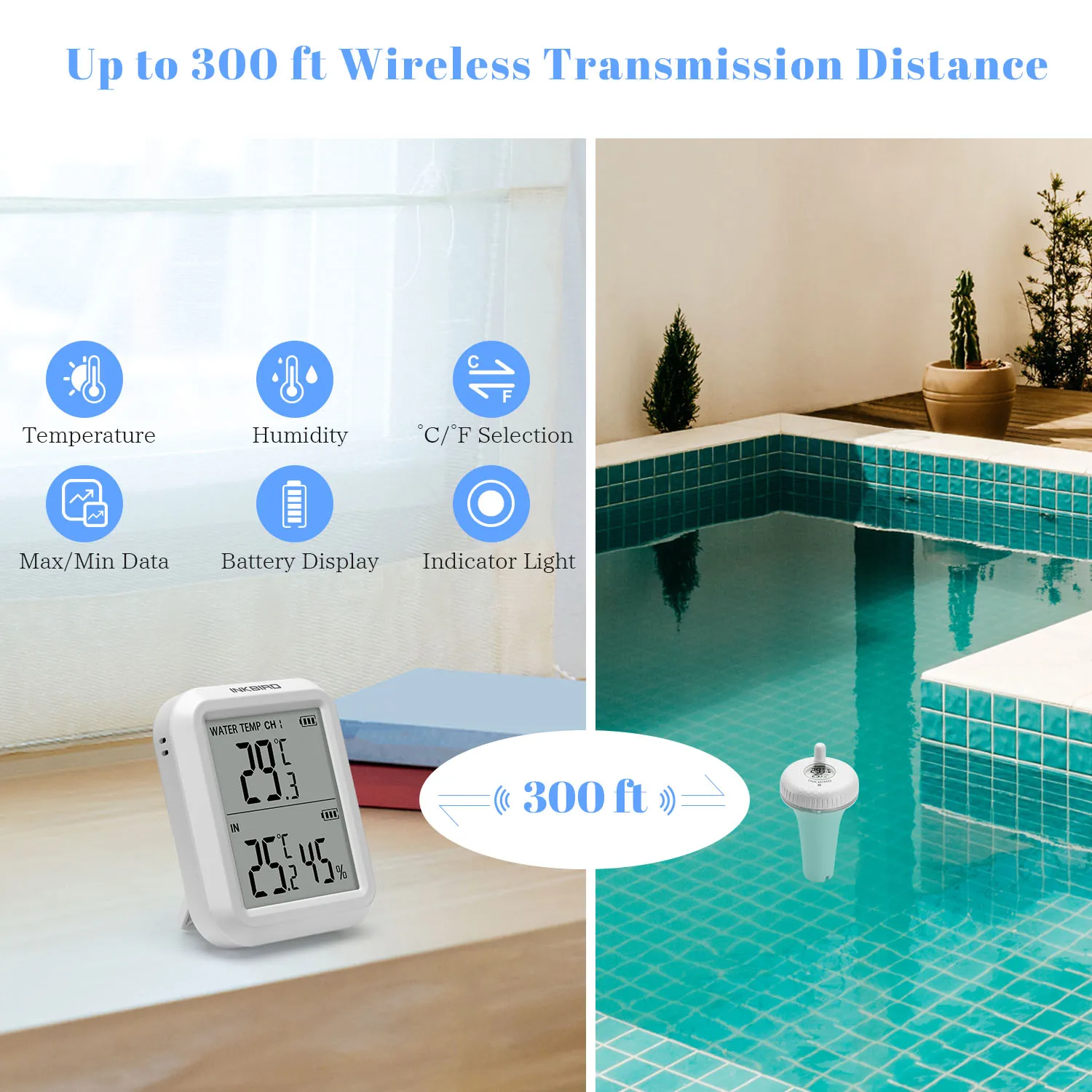INKBIRD IBS-P01R Pool Thermometer with Indoor Monitor Up to 300 ft Transmission Floating Thermometer for Bathtub,Aquarium