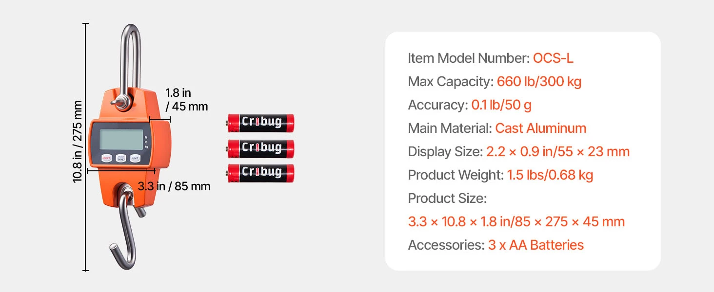 SucceBuy 660 lbs/300 kg Digital Crane Scale Portable Handheld Hanging Scale with LCD Display & Hook for Farm Hunting Fishing