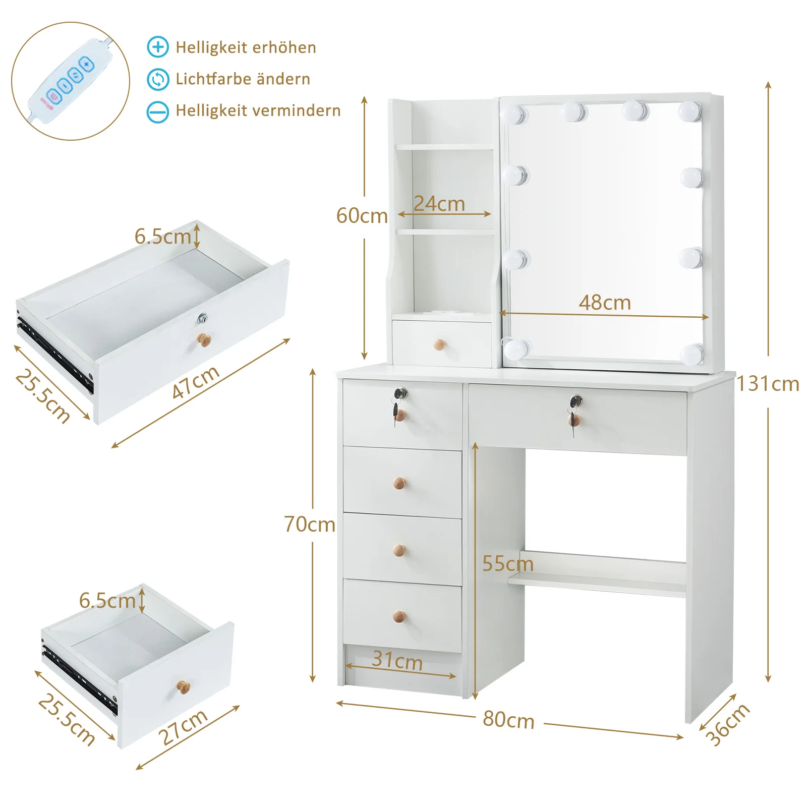 Teousev 10 LED Lighted Vanity Set with Mirror & Stool, 3 Color Modes, 7 Drawers Storage, Easy Install Makeup Dressing Table