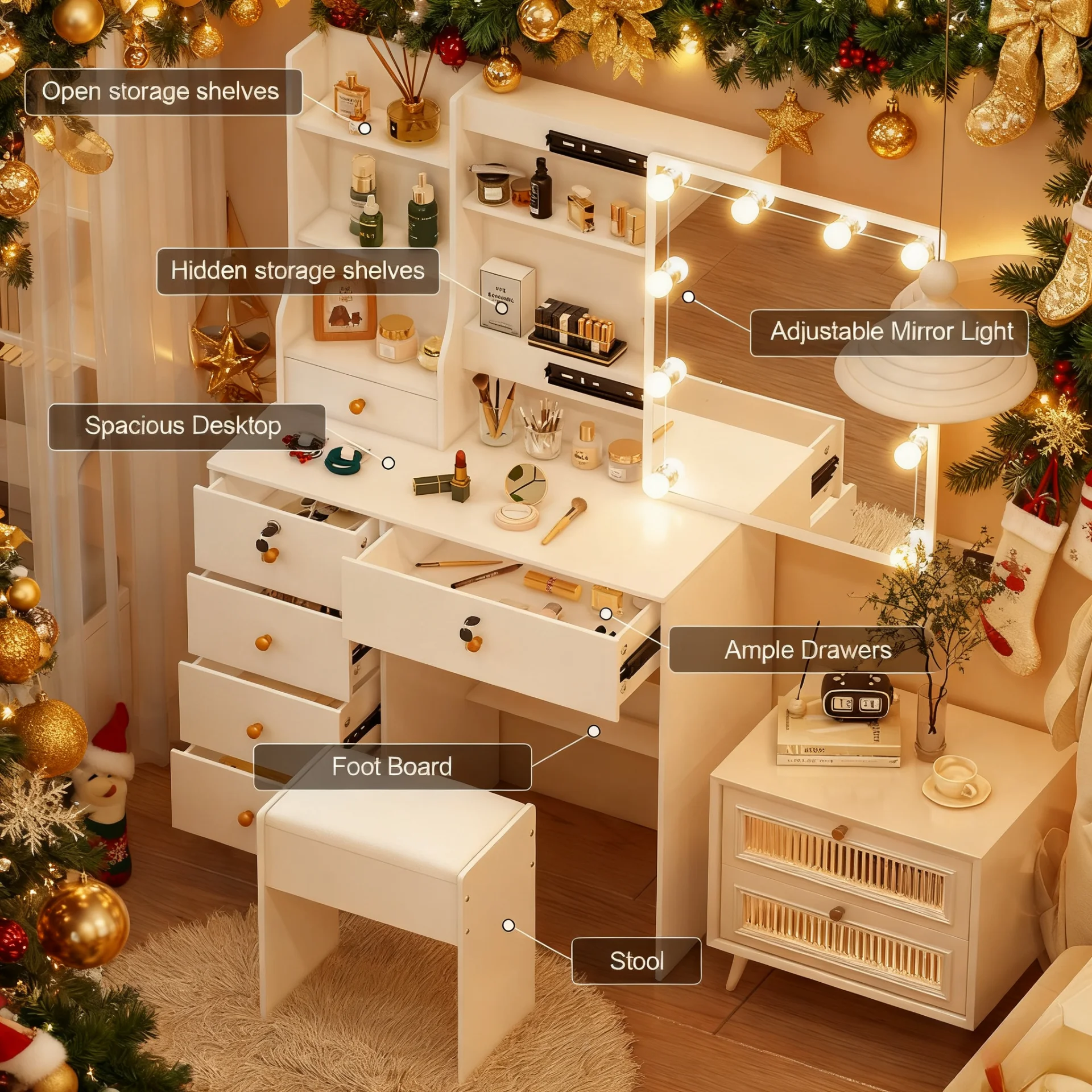 Teousev 10 LED Lighted Vanity Set with Mirror & Stool, 3 Color Modes, 7 Drawers Storage, Easy Install Makeup Dressing Table