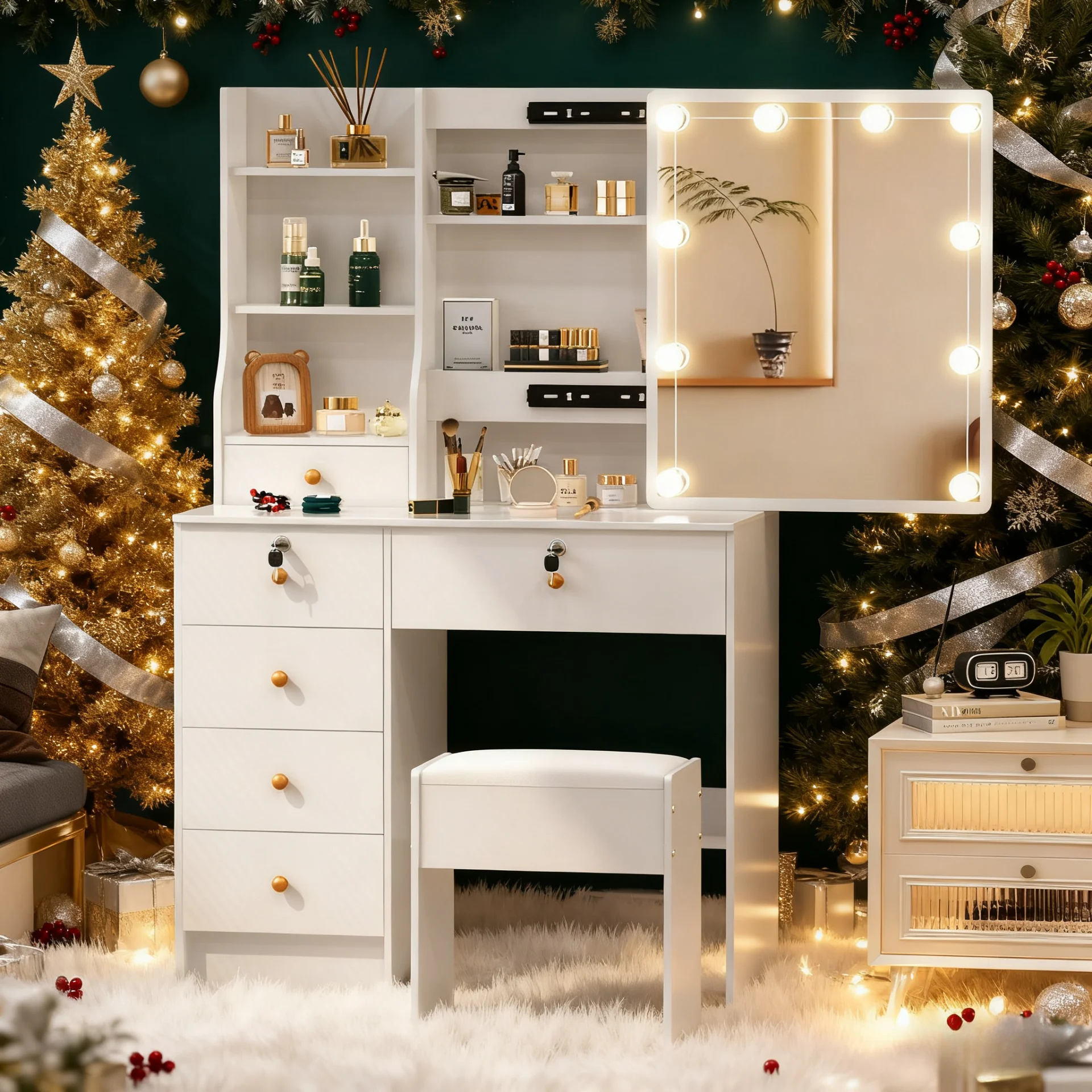 Teousev 10 LED Lighted Vanity Set with Mirror & Stool, 3 Color Modes, 7 Drawers Storage, Easy Install Makeup Dressing Table