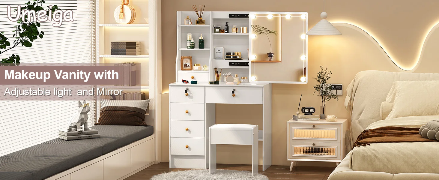 Teousev 10 LED Lighted Vanity Set with Mirror & Stool, 3 Color Modes, 7 Drawers Storage, Easy Install Makeup Dressing Table