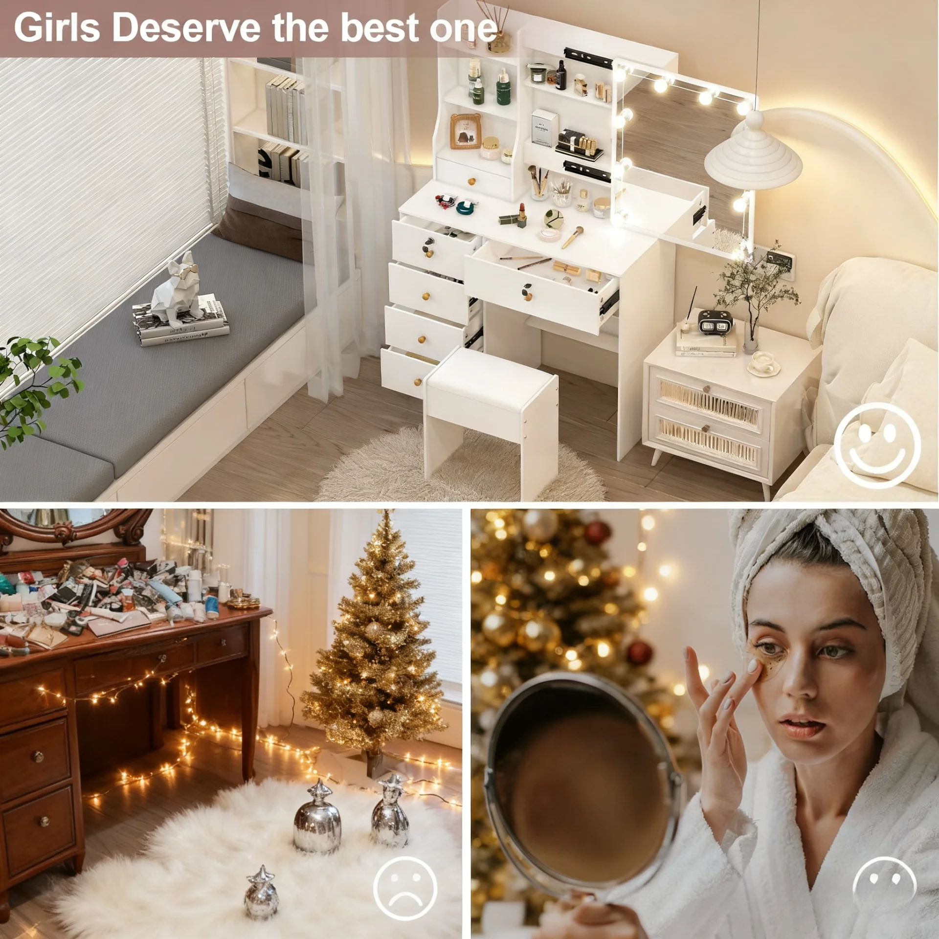Teousev 10 LED Lighted Vanity Set with Mirror & Stool, 3 Color Modes, 7 Drawers Storage, Easy Install Makeup Dressing Table