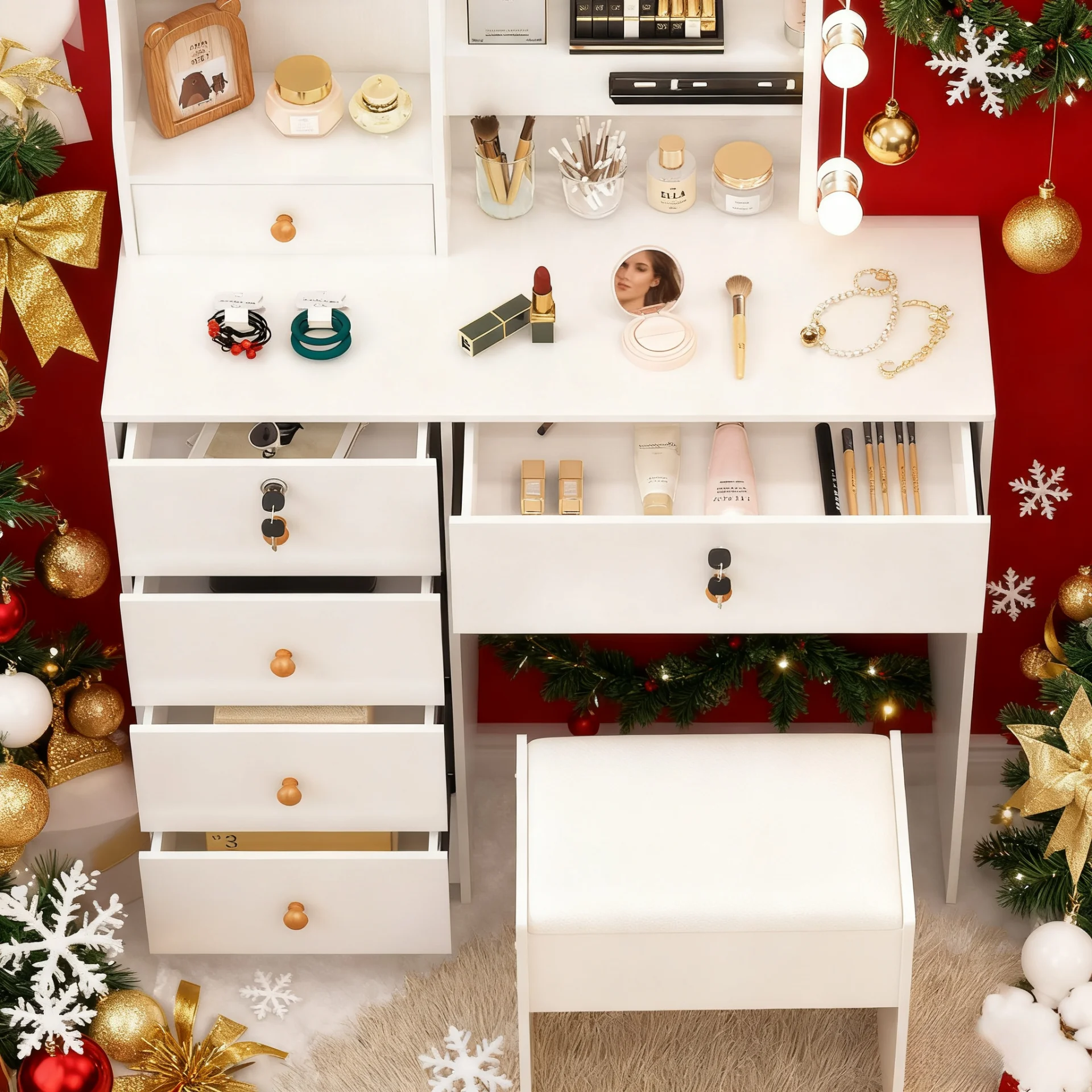 Teousev 10 LED Lighted Vanity Set with Mirror & Stool, 3 Color Modes, 7 Drawers Storage, Easy Install Makeup Dressing Table