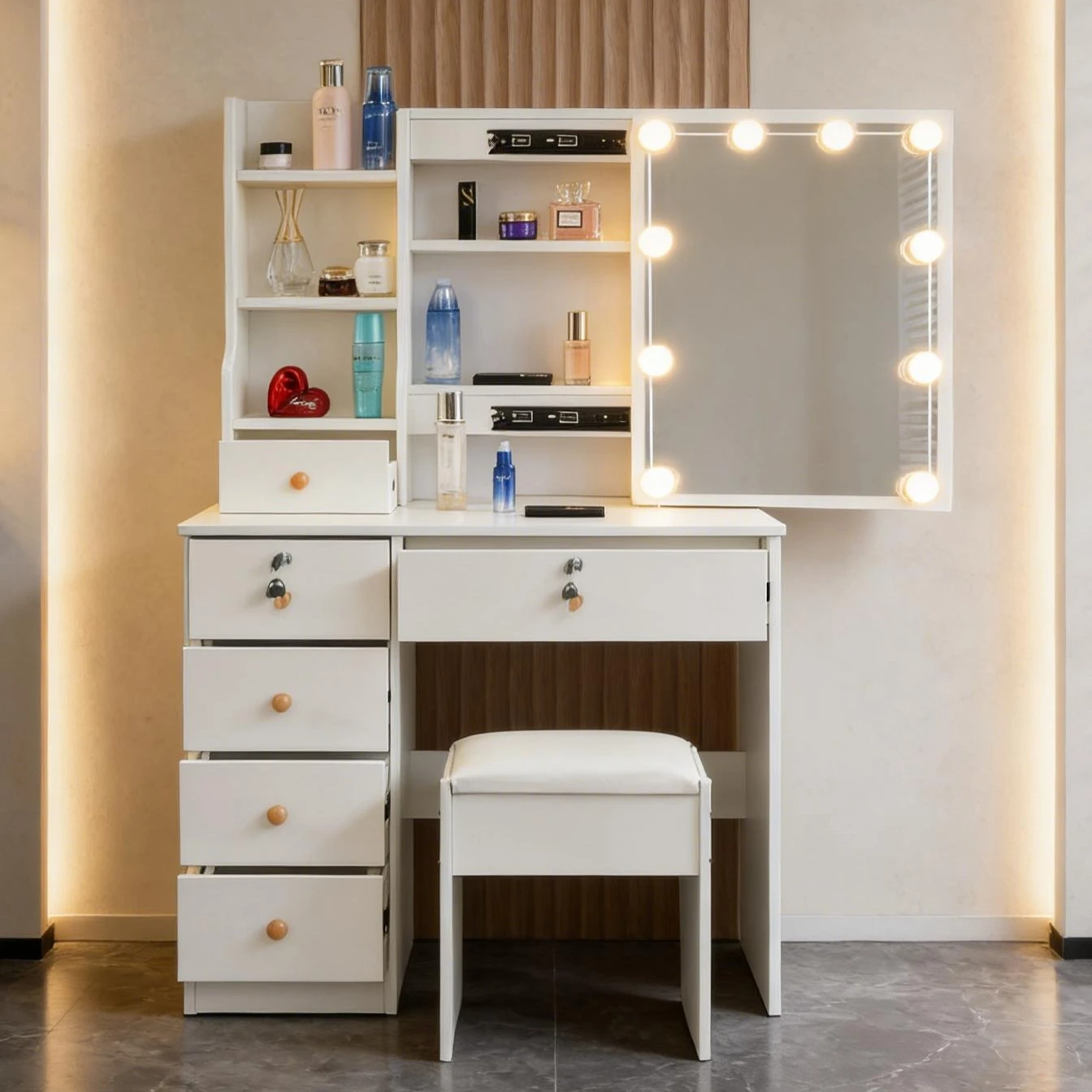 Teousev 10 LED Lighted Vanity Set with Mirror & Stool, 3 Color Modes, 7 Drawers Storage, Easy Install Makeup Dressing Table