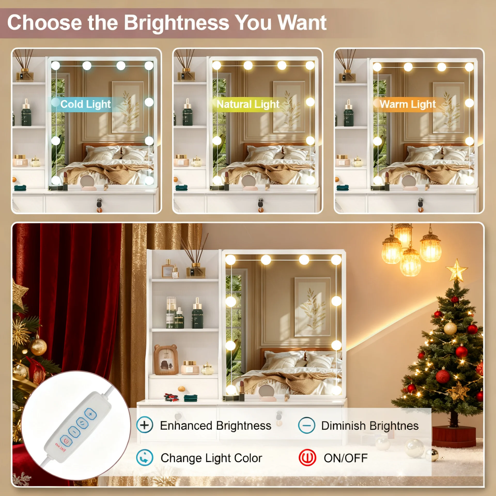 Teousev 10 LED Lighted Vanity Set with Mirror & Stool, 3 Color Modes, 7 Drawers Storage, Easy Install Makeup Dressing Table