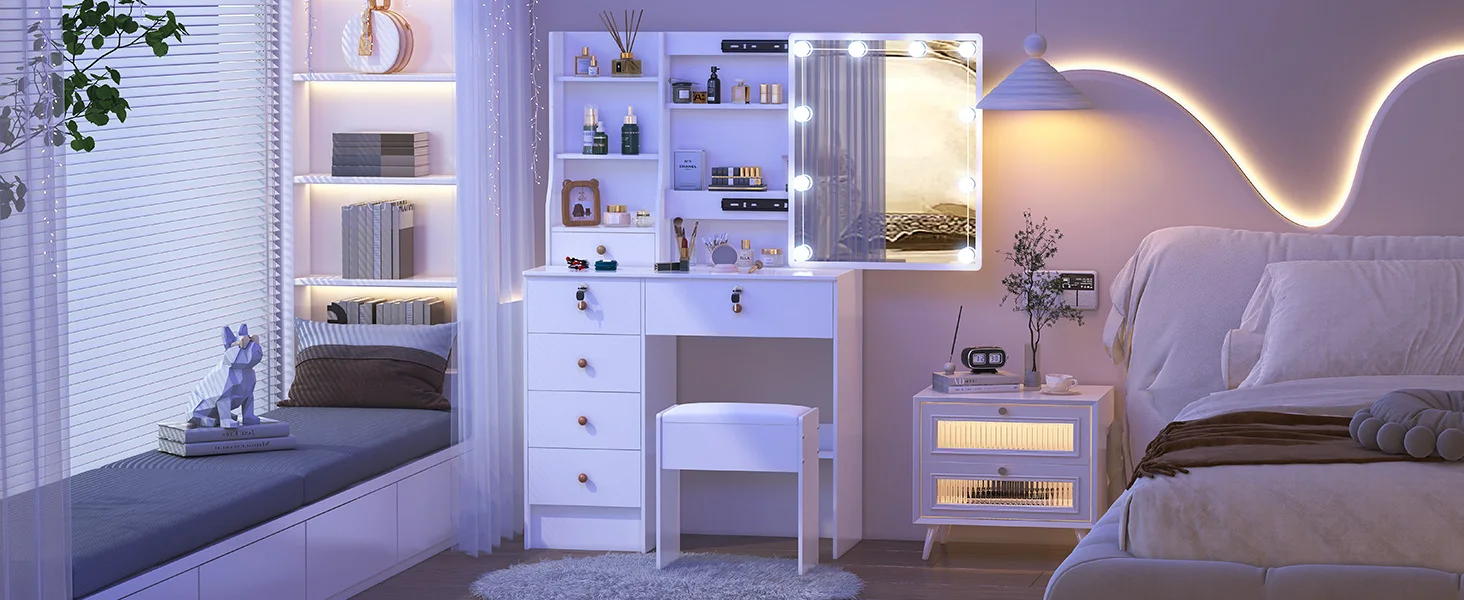 Teousev 10 LED Lighted Vanity Set with Mirror & Stool, 3 Color Modes, 7 Drawers Storage, Easy Install Makeup Dressing Table
