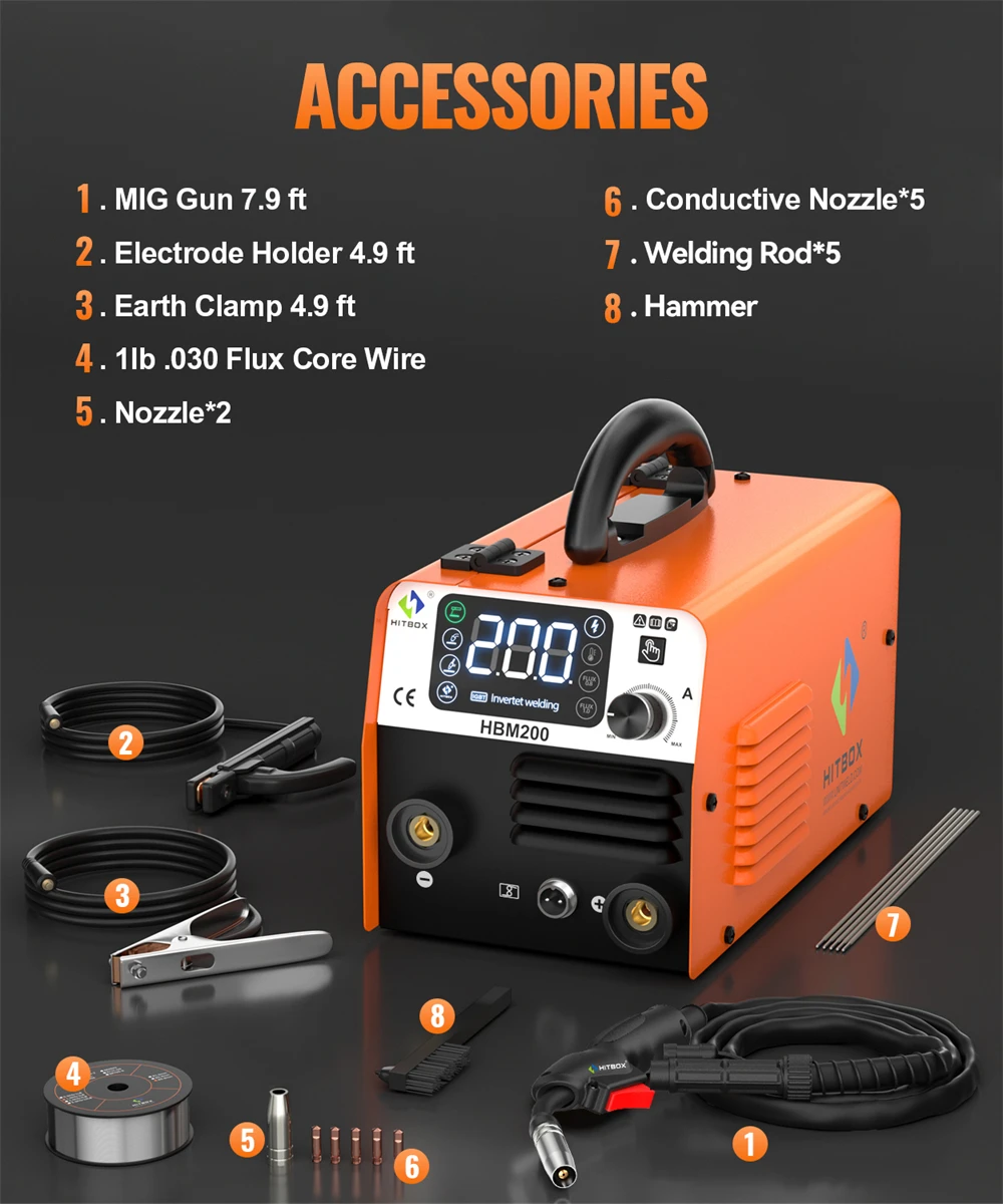 Hitbox Hbm200 Mig Welder 3 in 1 Arc/Gasless Mig/Lift Tig Non Gas Semi-Automatic Igbt Inverter Welding Machine 220V Au Plug
