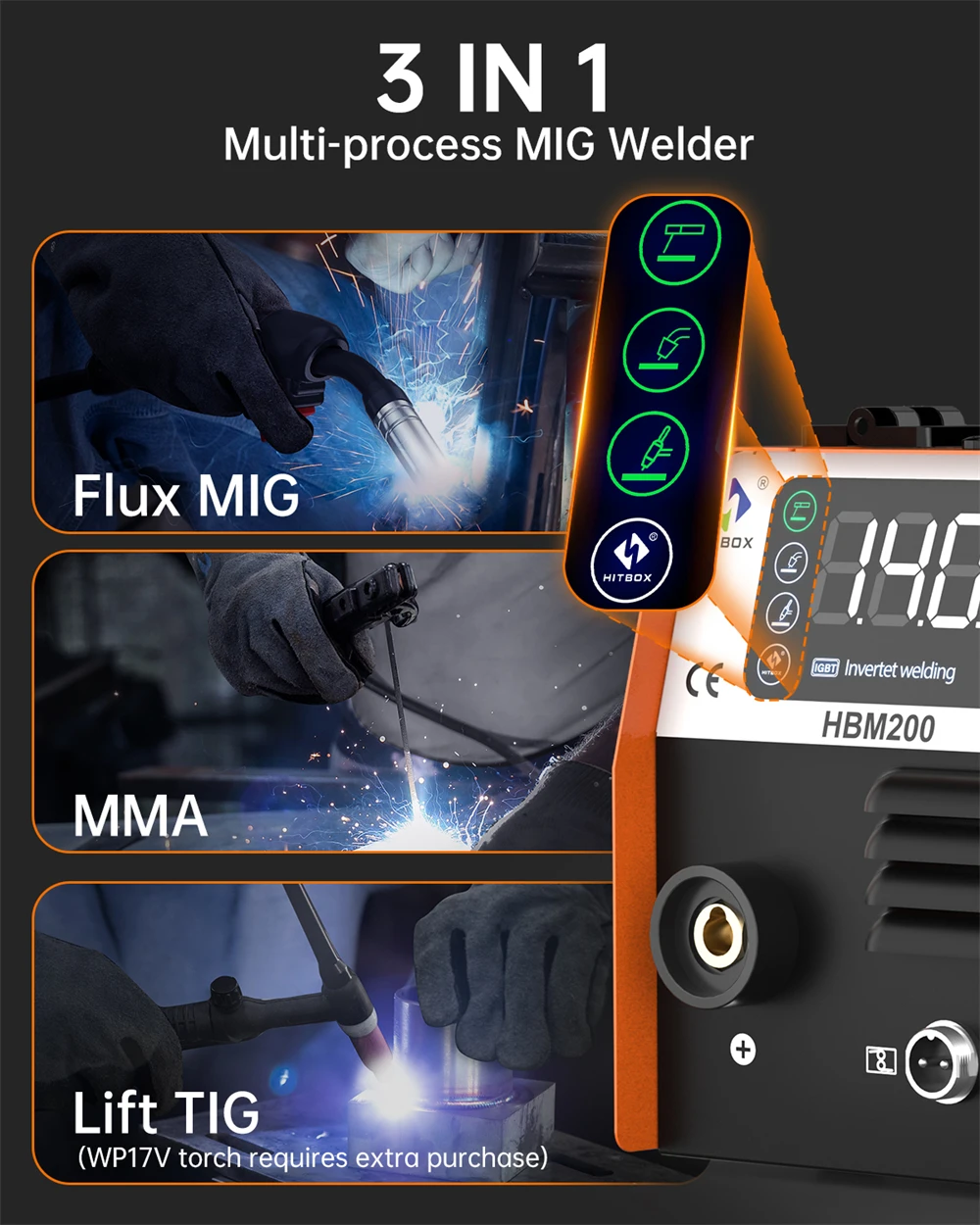 Hitbox Hbm200 Mig Welder 3 in 1 Arc/Gasless Mig/Lift Tig Non Gas Semi-Automatic Igbt Inverter Welding Machine 220V Au Plug
