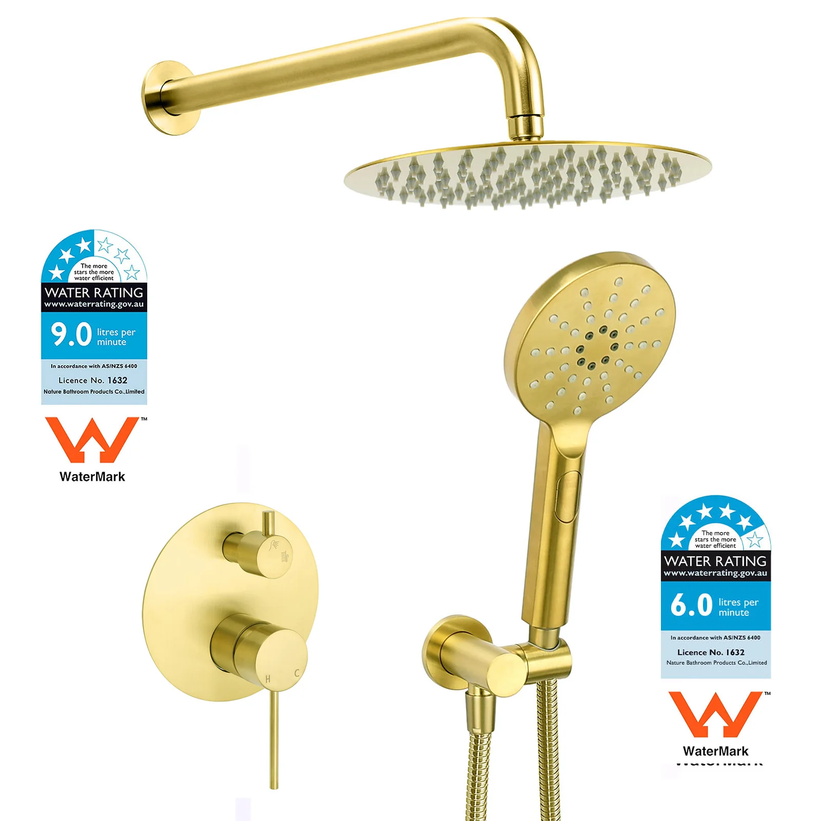 **Sydney Stock** KYLINS Brushed Gold Round Rain Shower Head 3 Mode Handheld Kit 2 Way Mixer Diverter Tap Set Wels WaterMark