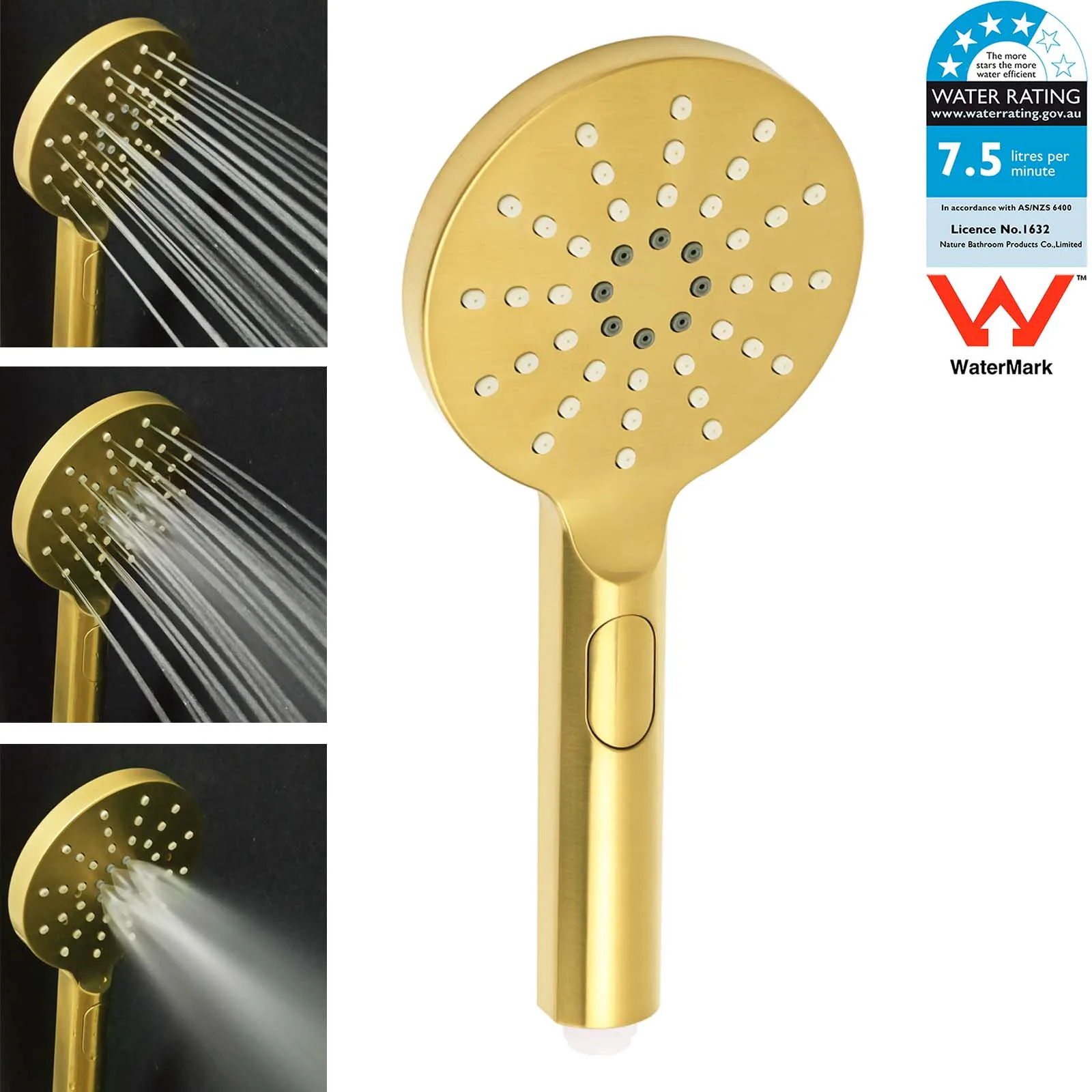 **Sydney Stock** KYLINS Brushed Gold Round Rain Shower Head 3 Mode Handheld Kit 2 Way Mixer Diverter Tap Set Wels WaterMark